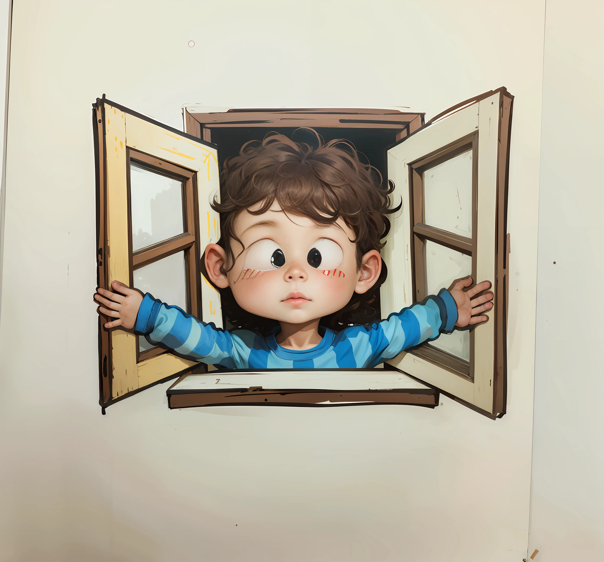 A little boy with brown curly hair pushed open the wooden window with both hands.