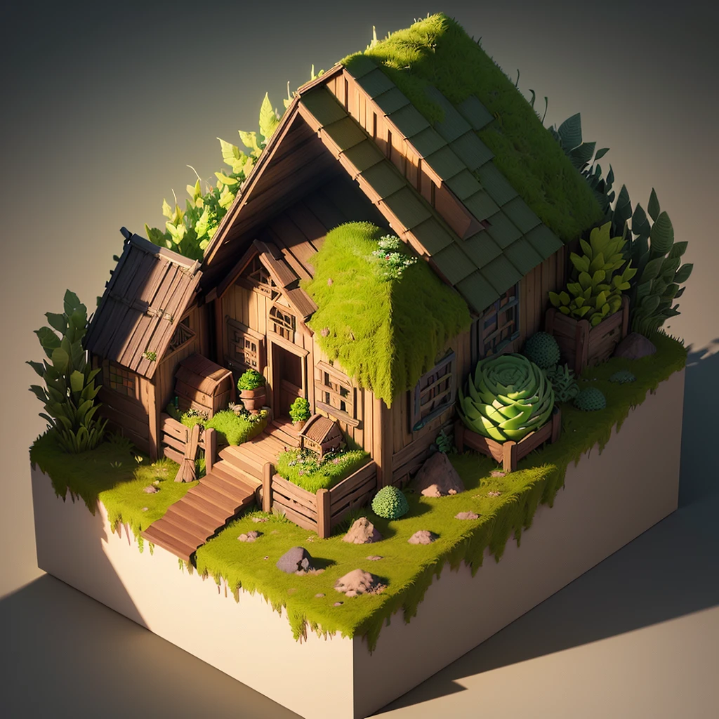 (isometric 3D),(masterpiece), (extremely detailed CG unity 8k wallpaper), (best quality), (best illustration), (best shadow),
a cute ,A round turnip hut covered with moss
,octane render,ray tracing,ultra detailed