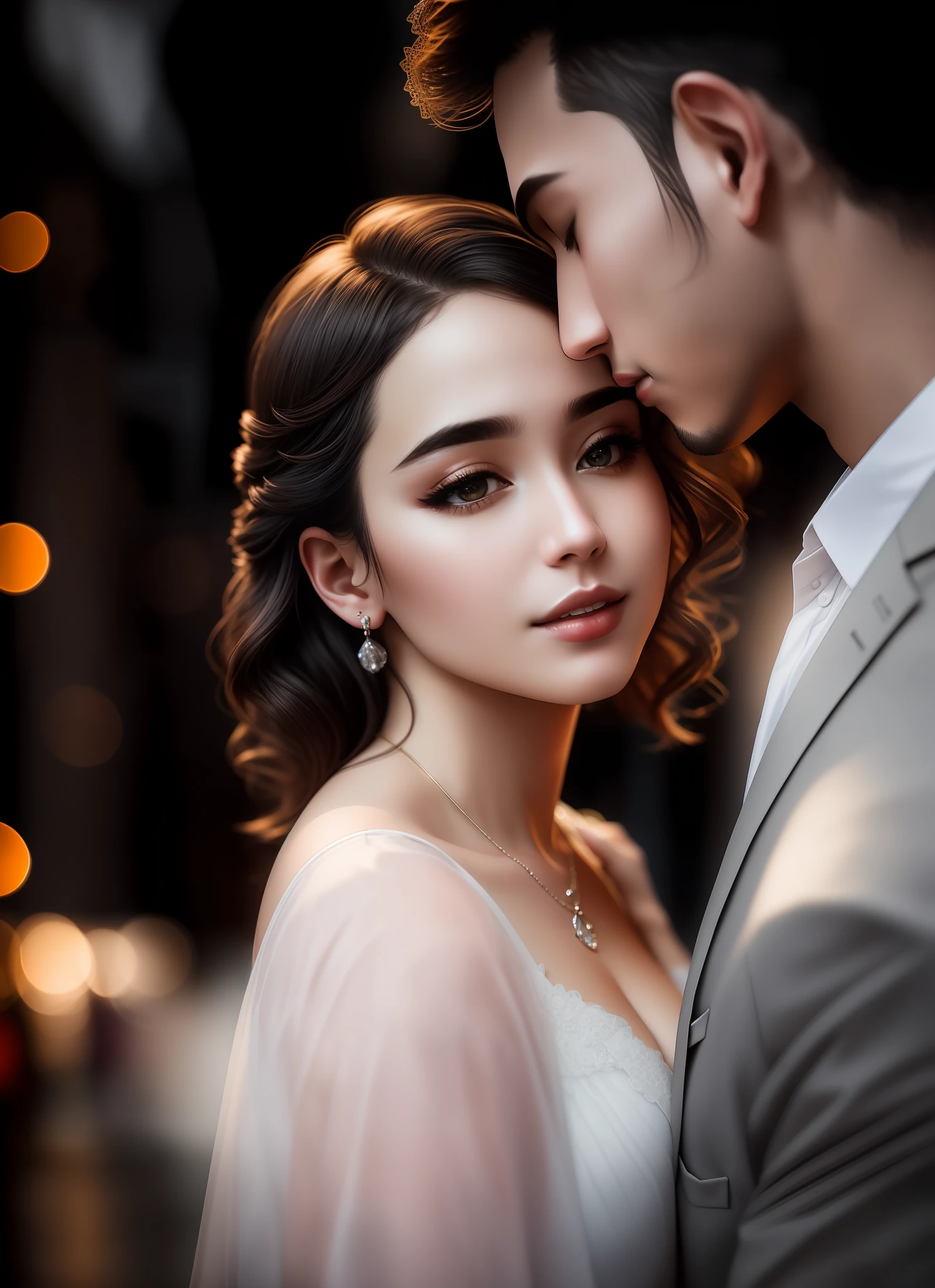 (masterpiece), intimate, high-quality photograph of a (couple:1.2) in the (moonlight:1.1), (dramatic lighting:1.1), romantic, passionate, intricately detailed clothing, city background, Sony Alpha 7R IV camera, digital photograph, f/2.8 lens, warm tones, creamy bokeh, hyper-realistic lifelike texture, trending on social media, Adobe Lightroom