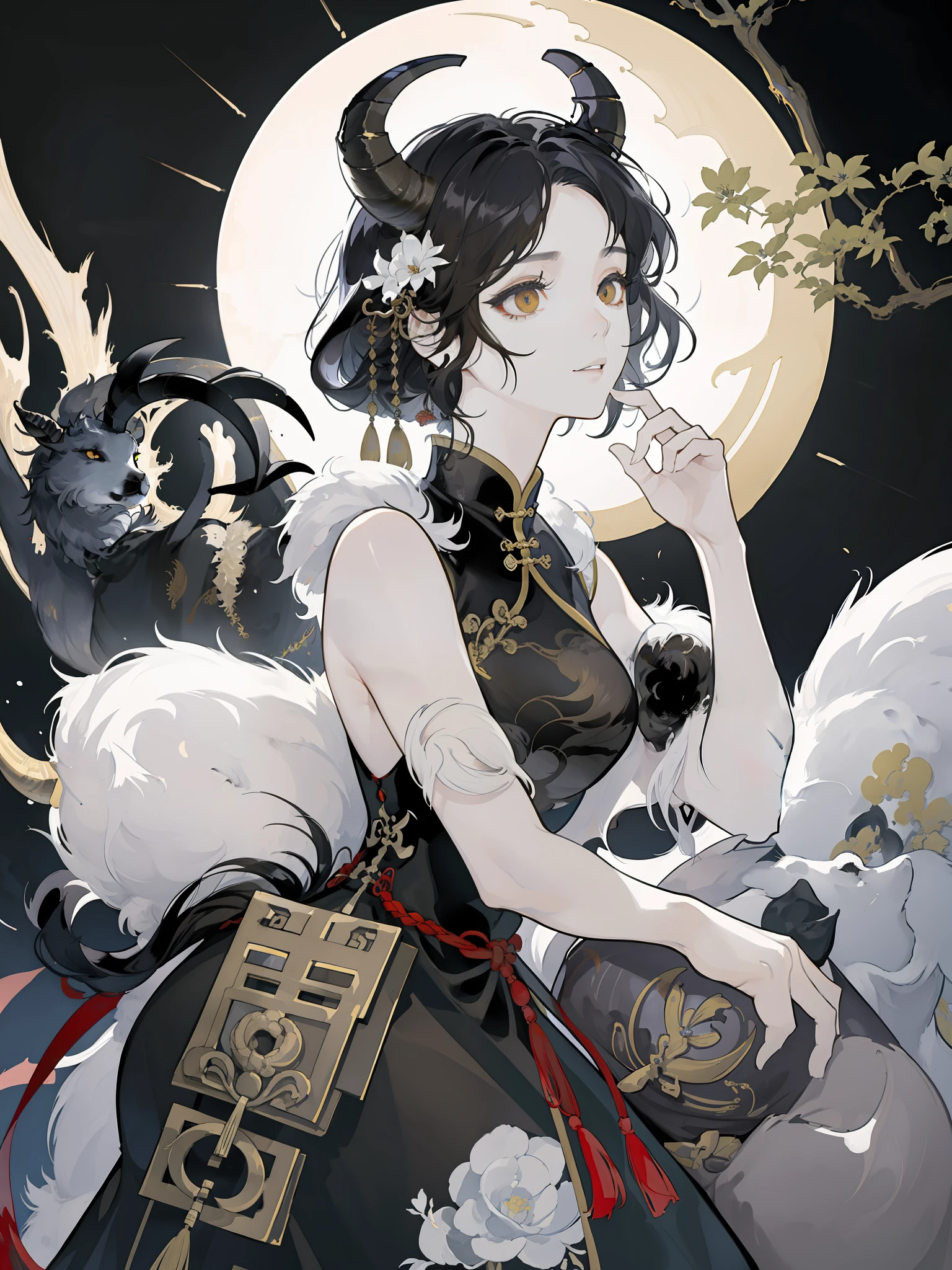 Masterpiece, best quality, (Chinese ink painting), (illustration), (1 famale), Chinese style, (ancient china), (russ mills style), black hair, (short hair), (dango curls hair), (white skin), (brown eye), cute, curvy body, sheep's horns, (fur dress), (goat animals background), dark grey, hiroshi yoshida, (close-up), (grand background), (chiaroscuro),fine facial details, facial details,cinematic lighting, (depth of field),UHD, (upper body)