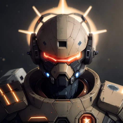 starsector, a portrait of a male mecha, blank background, face focus, high tech suit,