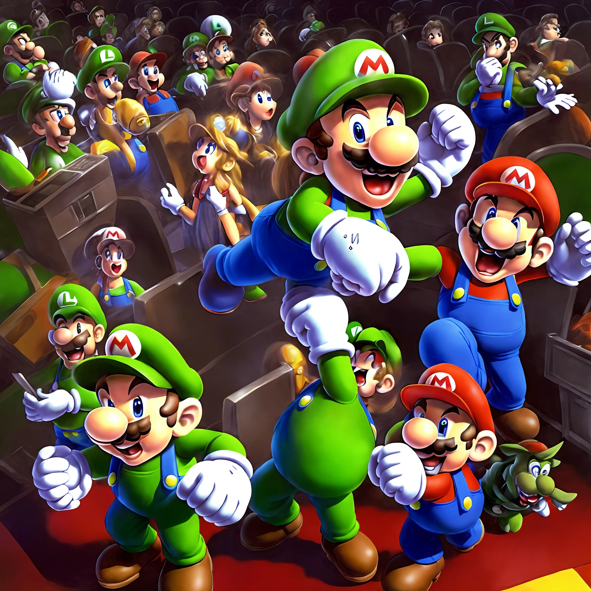 Mario and Luigi,in a movie theater,with other video game characters,goosebumps art by tim jacobus