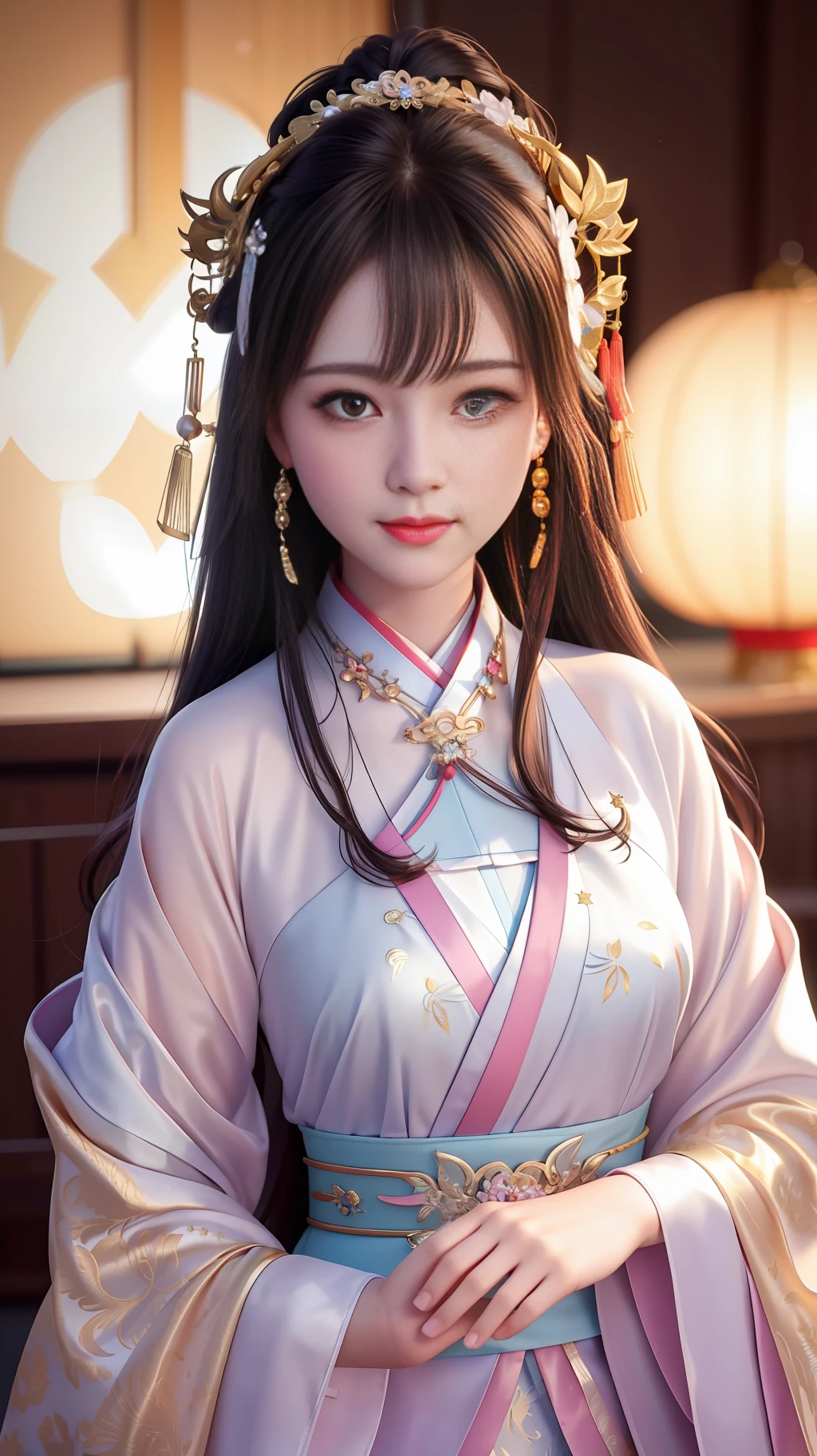 best quality, masterpiece, highres, 1girl,blush,(seductive smile:0.8),star-shaped pupils,china hanfu,hair ornament,necklace, jewelry,Beautiful face,upon_body, tyndall effect,photorealistic, dark studio, rim lighting, two tone lighting,(high detailed skin:1.2), 8k uhd, dslr, soft lighting, high quality, volumetric lighting, candid, Photograph, high resolution, 4k, 8k, Bokeh