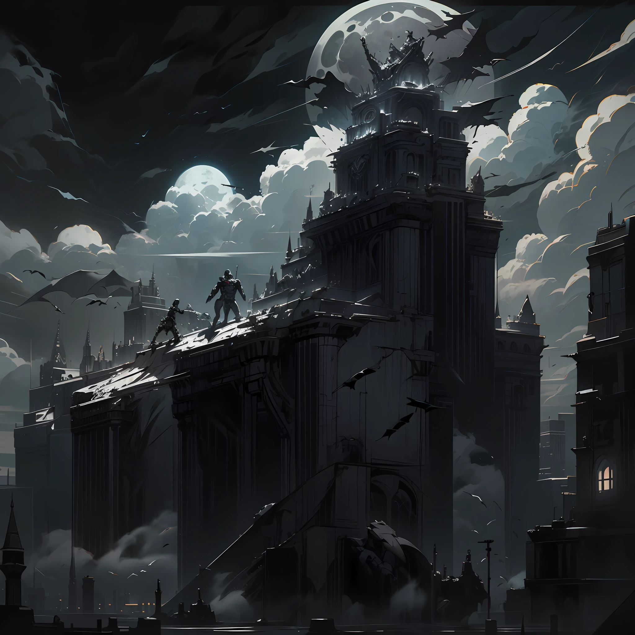 masterpiece, best quality, detailed cyborg anti hero man, with alligator characterlistics build through AI sky, cloudy_sky, building, moonlight, moon, night, (dark theme:1.3), light, fantasy,