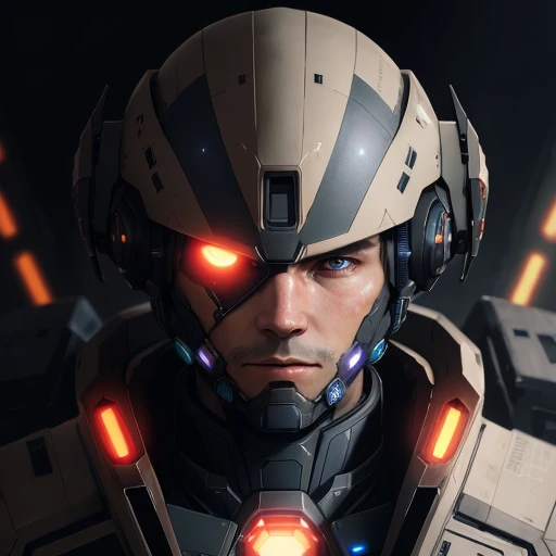 starsector, a portrait of a male mecha, blank background, face focus, high tech suit,