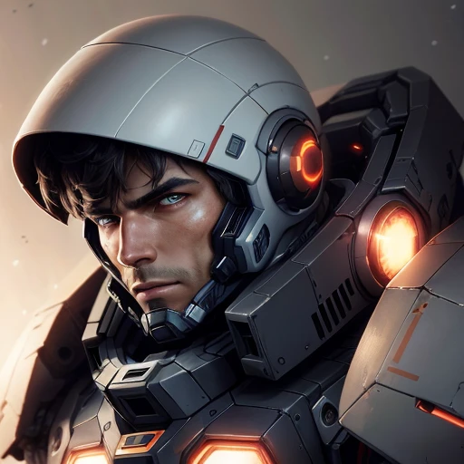 starsector, a portrait of a male mecha, blank background, face focus, high tech suit,