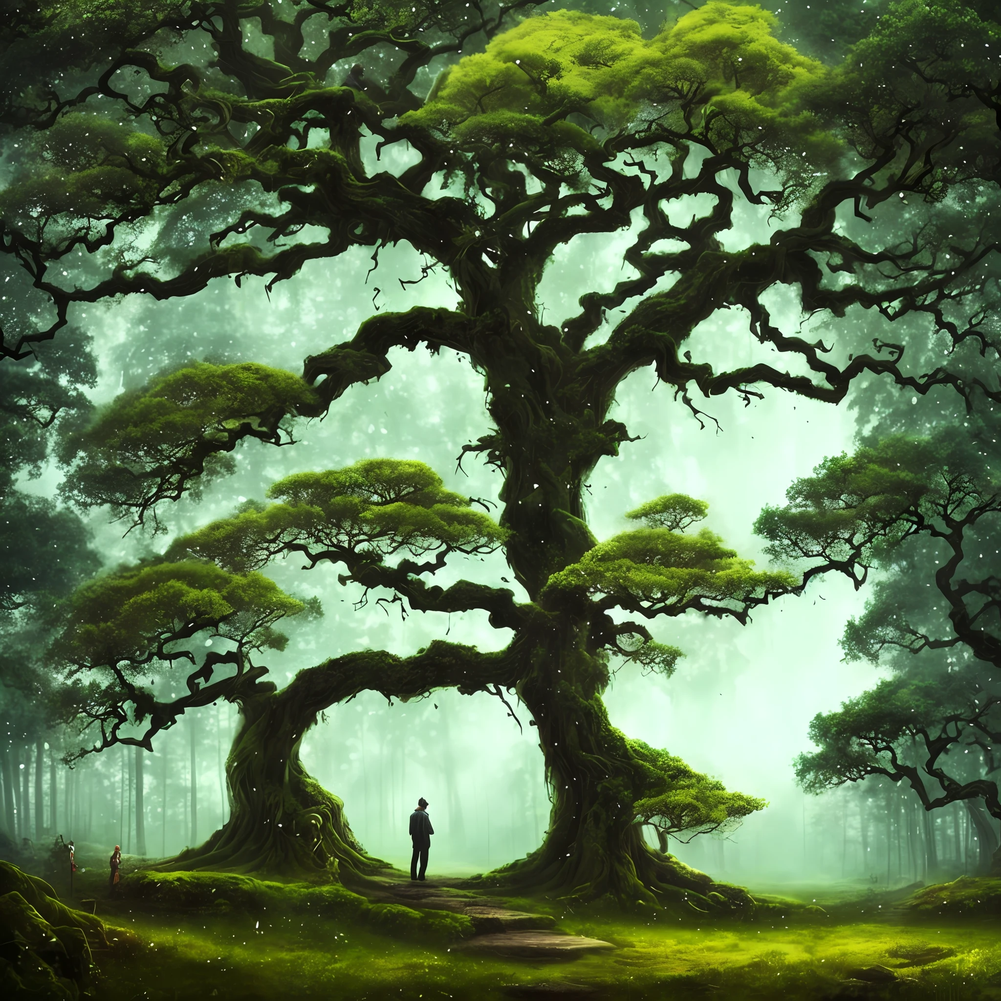 a man standing in front of a large tree in a forest, standing in the mystical forest, ancient forest, beautiful ancient forest, large magical trees, fantasy tree, ancient tree, ancient trees, made of tree and fantasy valley, fantasy artrealistic painting, giant tree, beautiful ancient trees, big green tree, standing on a forest, fantasy forest. Man most be closer and better defined