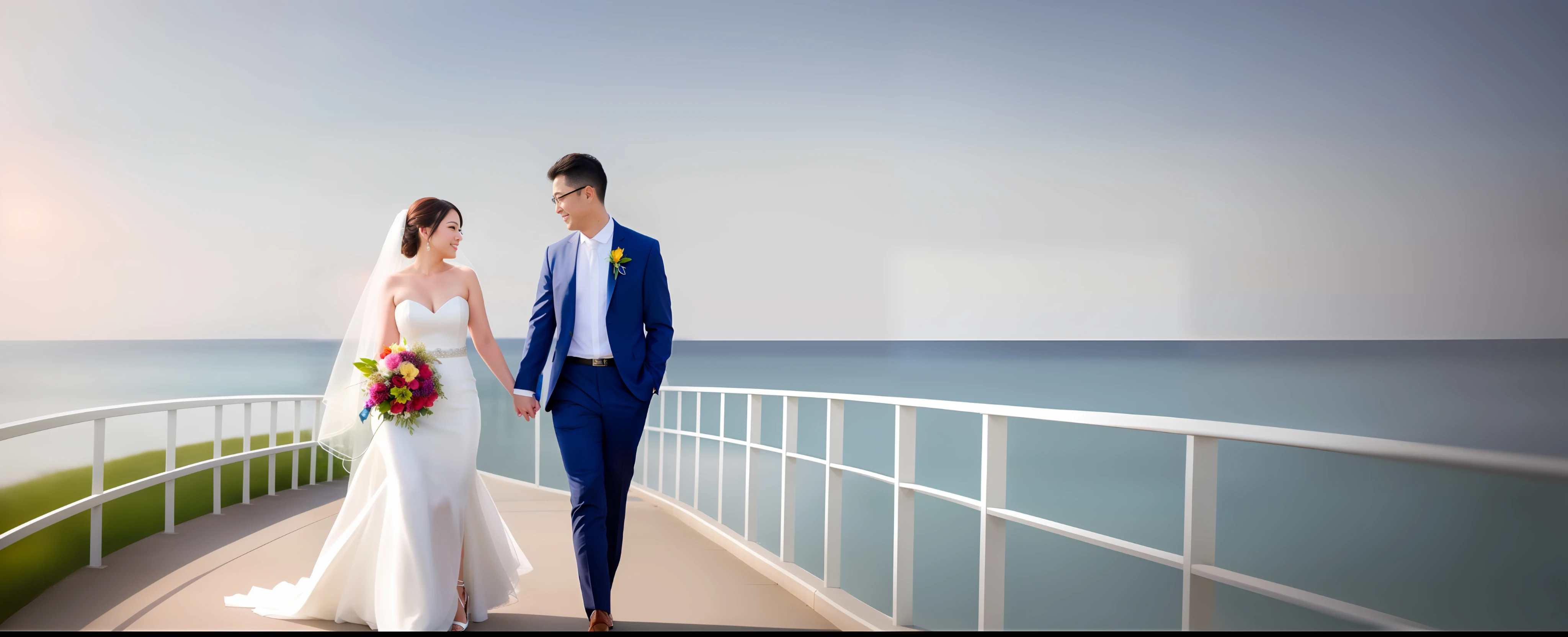 Bride and groom walking on the seaside walkway, digital rendering by Aya Goda, cg social trends, romanticism, cute couple, ao dai, rendering, photorealistic image, wedding photo, very realistic, very very realistic, couple pose, dress, white sleeves, cg art, happy couple, rendering, bride and groom, beautiful and elegant, colorful background, colorful clouds, Tyndall effect