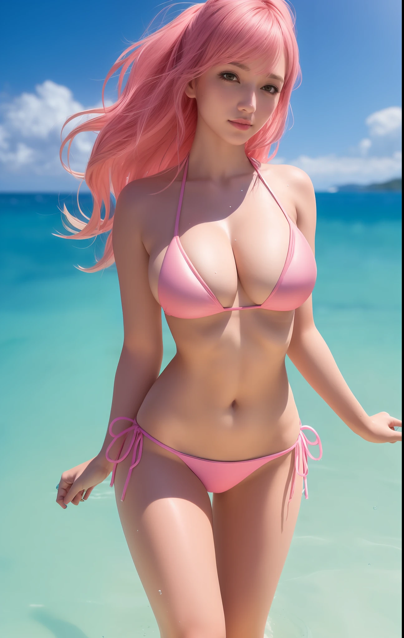 best quality, masterpiece, high_res, 1girl, Beautiful face, tyndall effect, photo realistic, rim lighting, two tone lighting, (high detailed skin:1.2), 8k uhd, dslr, soft lighting, high quality, volumetric lighting, candid, Photograph, high resolution, 4k, 8k, Bokeh, enourmous wet shiny breasts, breasts sticking out, underboob, hard, pink shiny bikini, pink hair, thick thighs, thin proportial waist, beautyful body, view of the body from head to feet, swimming in the ocean, swimming on the back, looking up at the viewer, ocean beautyful light blue color