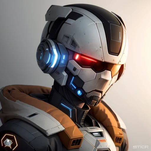 starsector, a portrait of a robot, blank background, face focus, high tech suit,