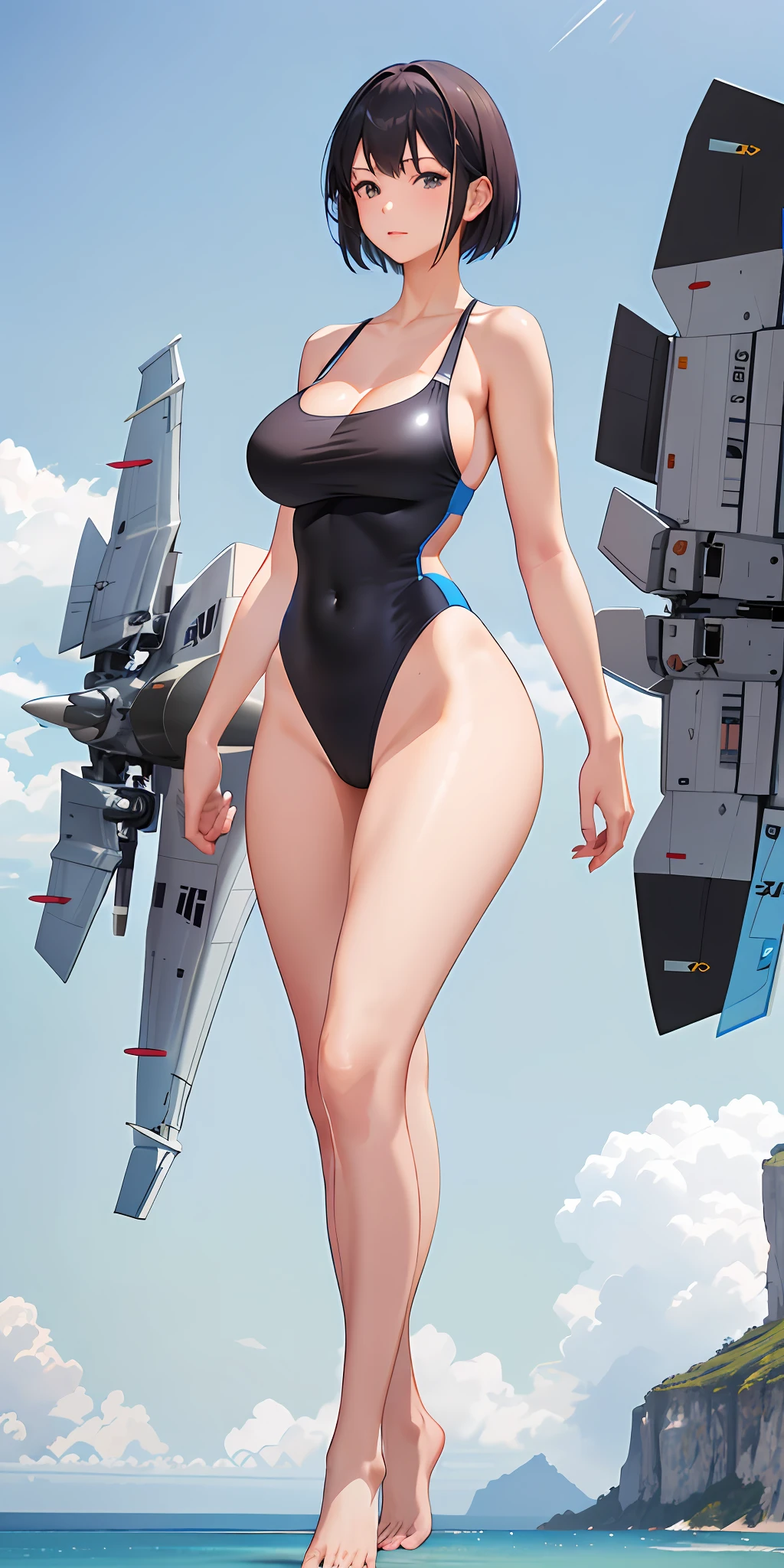 Female graduation photo, 21 years old, black shoulder-length short hair, black eyes, light blue adult sexy underwear, big breasts, very large breasts, exaggerated breasts, split swimsuit, bare upper body underwear, no underwear, transparent underwear, white Underwear, camisole, light blue swimsuit, black and calf. Big buttocks, buttocks, a light blue swimsuit, sexy underwear, against the background of the future science fiction era, standing in front of a fighter jet during the day