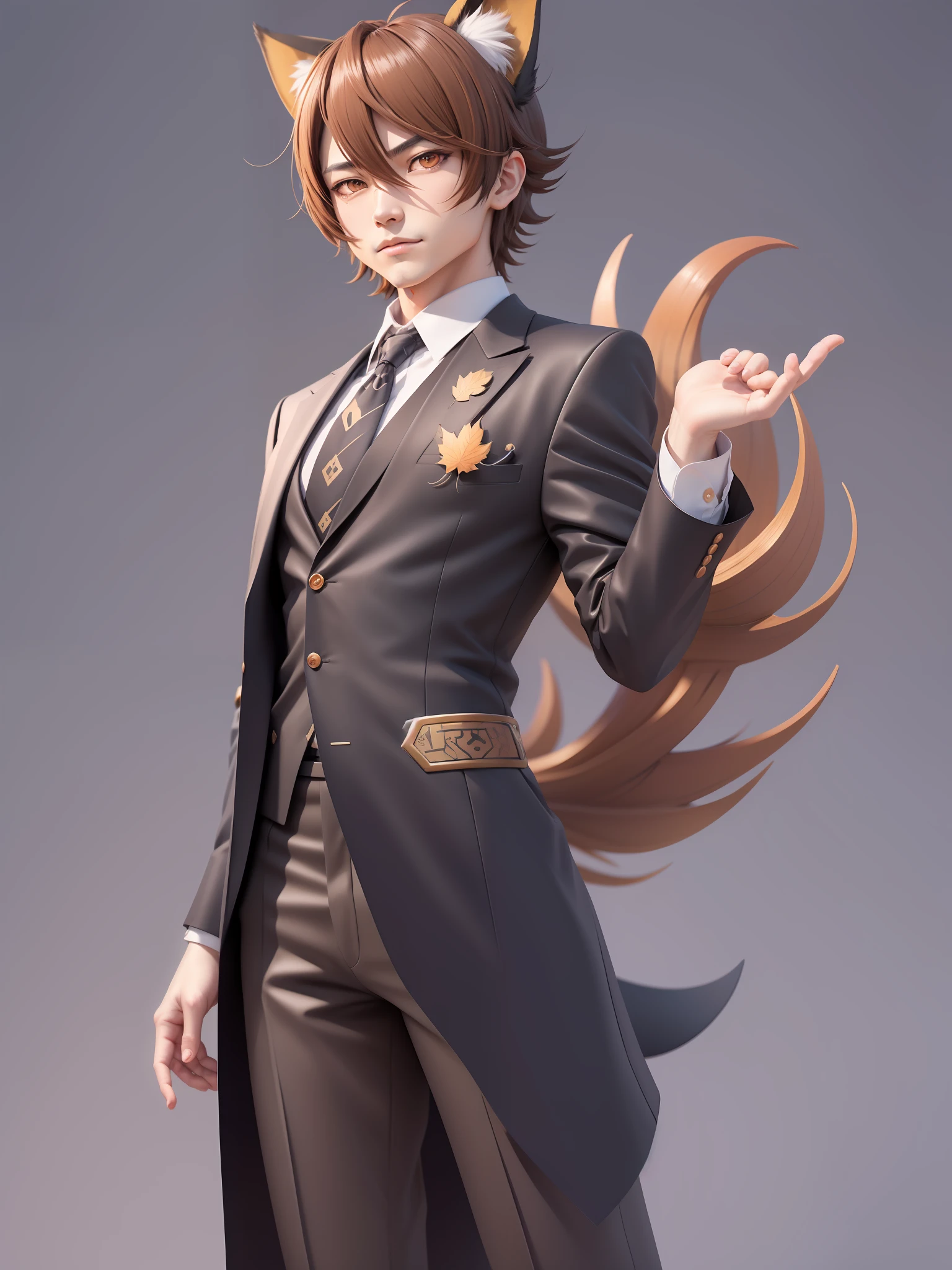 Anime character in suit and tie inspired by Masanobu Okumura&#39;s character portrait, pixiv contest winner, shin hanga, dapper succubi, official character art, genshin keqing, rin, anime moe art style, cool anime pose, genshin impact character, fox Ears, short brown hair, maple leaf outfit, single man, mature man, brown eyes, hacker, senior