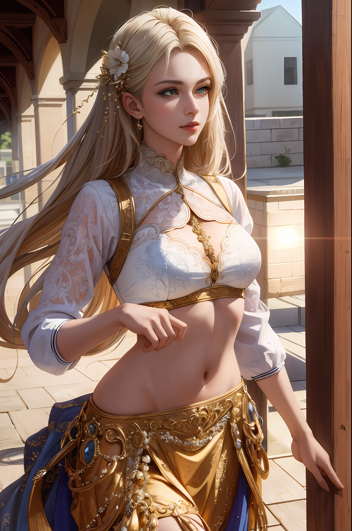 masterpiece, best quality, high quality, High definition, High quality texture, High quality shadow, high detail, beautiful detailed, finely detailed, extremely detailed cg, detailed texture, a realistic representation of the face, realistic, colorful, delicate, Cinematic Light, sidelighting, Lens Flare, Ray tracing, sharp focus, intricate details, makeup, detailed beautiful delicate face, detailed beautiful delicate eyes, a face of perfect proportion, high detailed skin, detailed skin, best ratio four finger and one thumb, arms under breast, wide hips, smooth midriff,