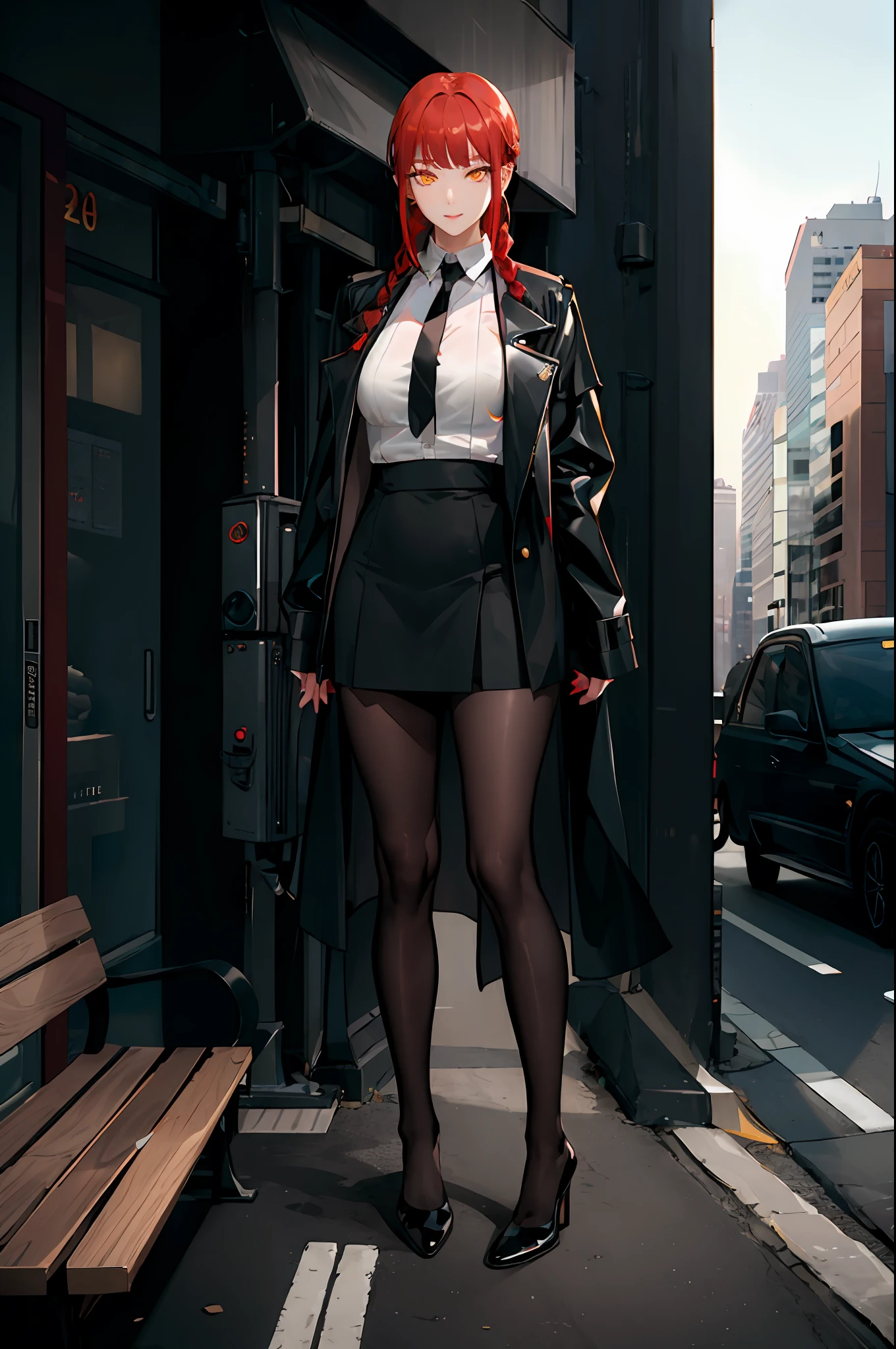 masterpiece, (photorealistic:1.4), best quality, beautiful lighting,KPop idol,adult,white blouse,black tie,black skirt,black pantyhose,black jacket
(ulzzang-6500:0.5), makima \(chainsaw man\), (red hair)+(long braided hair)+(bangs), yellow eyes, golden eyes, ((ringed eyes)),large breast, detailed face,smile,
RAW photo, 8k uhd, film grain,blurry background,standing,outdoor,bench,in city