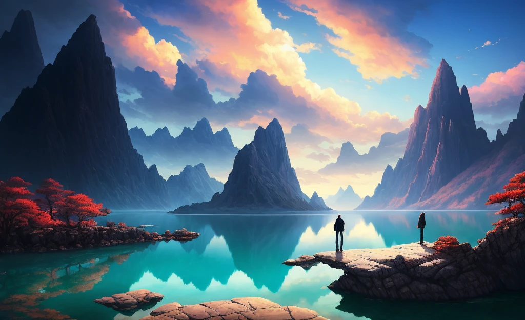 there is a man standing in front of a mountain with a lake, makoto shinkai cyril rolando, inspired by Andreas Rocha, andreas rocha style, 4k highly detailed digital art, anime art wallpaper 4k, anime art wallpaper 4 k, 4k detailed digital art, painted by andreas rocha, inspired by Cyril Rolando, great digital art with details