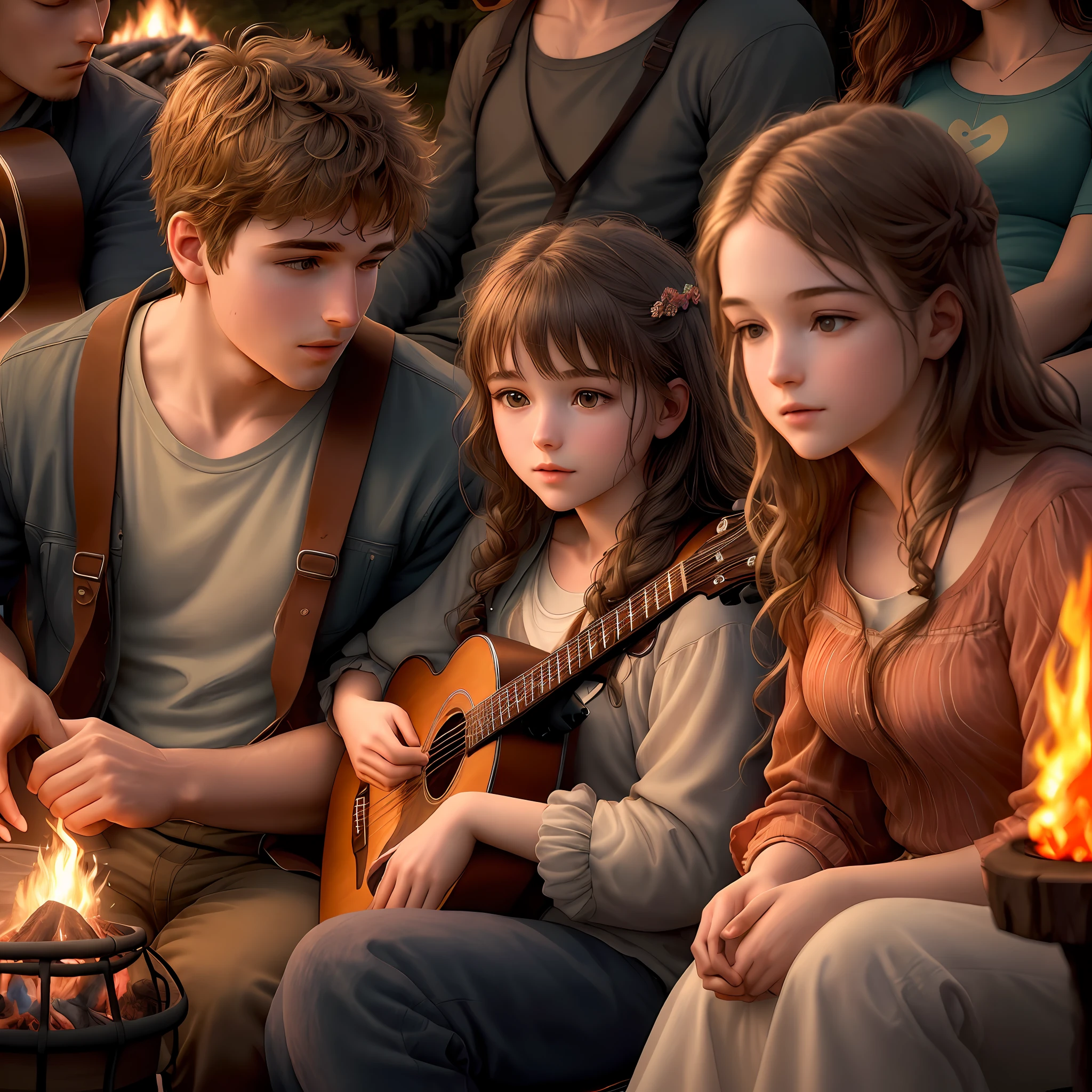 (An ultra-realistic, high-resolution masterpiece) A girl and a young man sitting by a campfire, with the girl listening attentively as the young man plays his guitar. (The campfire casts a warm glow, highlighting their features.)