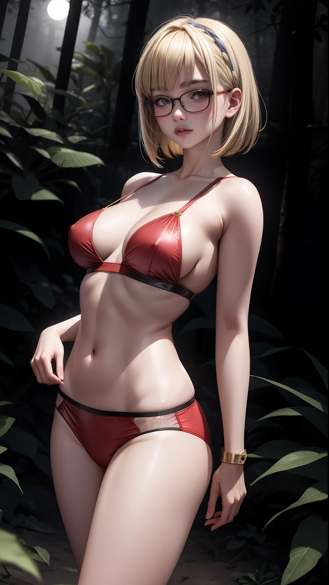 best quality, masterpiece, highly detailed, most realistic, high definition, teen body shape, realistic breasts, beautiful body, white thai girl 16 years old, small, not tall, with good body and big breasts , she has short blonde hair , bob hair with bangs Wearing red glasses and wearing red underwear, dancing seductively in the forest, night, sensual night, dark, low light