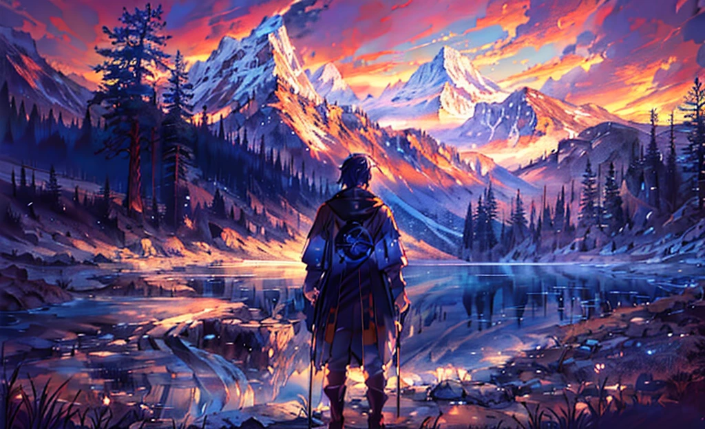 there is a man standing in front of a mountain with a lake, makoto shinkai cyril rolando, inspired by Andreas Rocha, andreas rocha style, 4k highly detailed digital art, anime art wallpaper 4 k, anime art wallpaper 4k, 4k detailed digital art, painted by andreas rocha, inspired by Cyril Rolando, anime art wallpaper 8 k