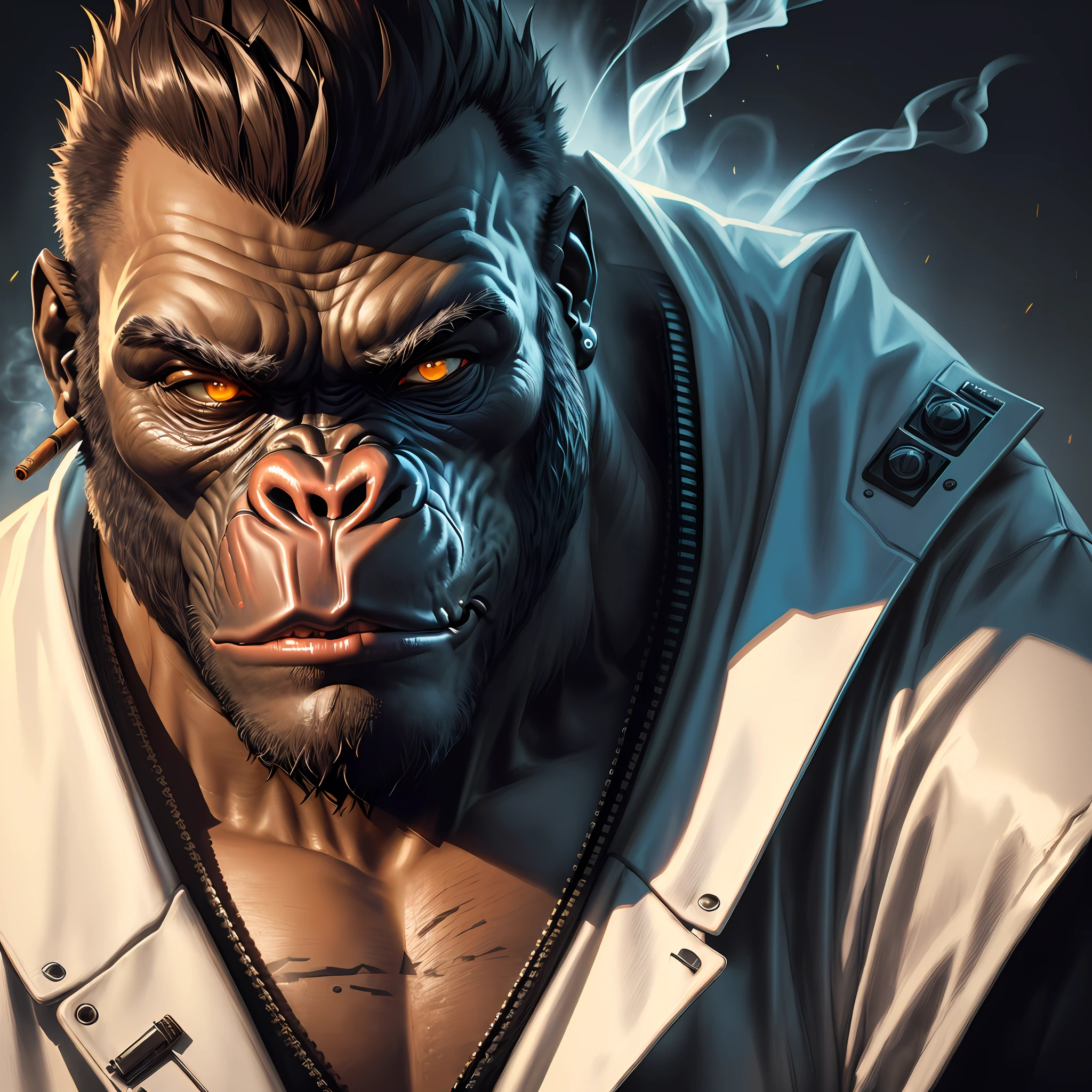 A detailed closeup side portrait illustration of cyberpunk gorilla in a thug suit smoking cigar