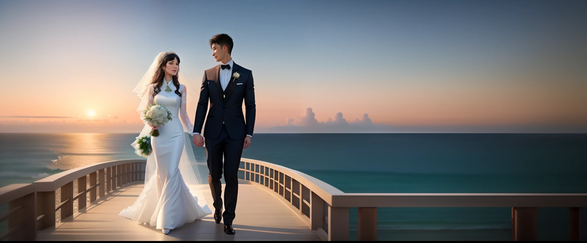 bride and groom walking on a walkway near the ocean, a digital rendering by Aya Goda, trending on cg society, romanticism, lovely couple, ao dai, render, true realistic image, wedding photo, very realistic, very very realistic, couple pose, formal attire, white sleeves, cg art, happy couple, rendering, bride and groom, beautiful and elegant