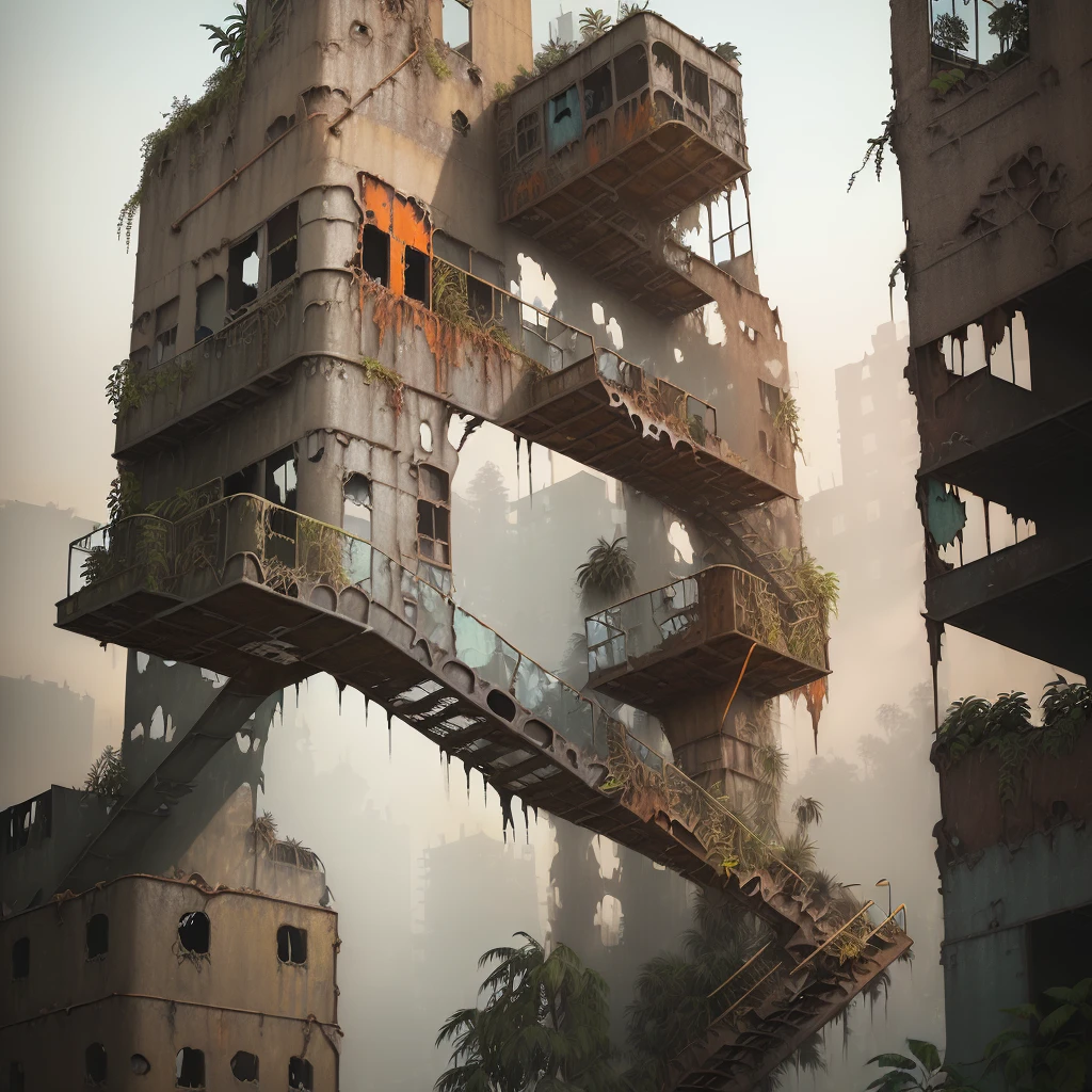 masterly composed, landscape + exterior, cold retardation in the spirit of Factorio, nowadays architecture centuries ago, outdoors, tropical rainforest biome, flawless layout, powder paint, constructive approach, gloomy full of details concept art, by Joe Mangrum, [inspired by Machinarium], (industrial staircase, (rusty, bunch of broken windows), exterior, concrete steel glass, torn-apart, climbing unconventional plants:1.5), collapsed, matching constituents, derelict, artistical skies & water, simplified reflections, streamlined setting