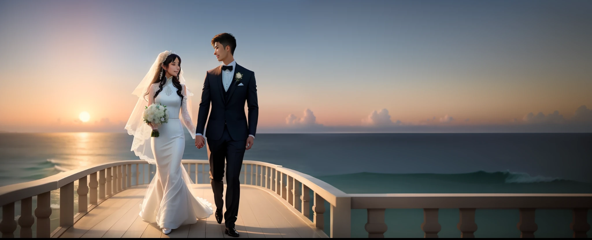 bride and groom walking on a walkway near the ocean, a digital rendering by Aya Goda, trending on cg society, romanticism, lovely couple, ao dai, render, true realistic image, wedding photo, very realistic, very very realistic, couple pose, formal attire, white sleeves, cg art, happy couple, rendering, bride and groom, beautiful and elegant