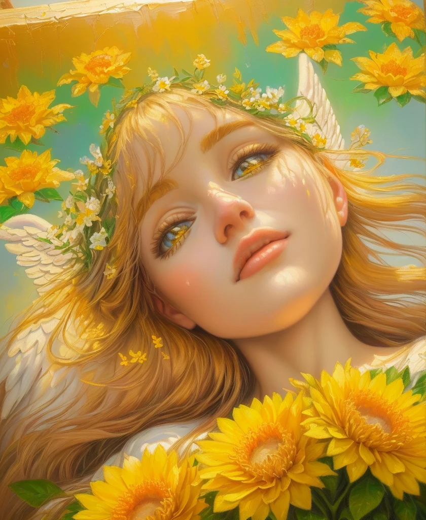 (extremely detailed and realistic oil painting masterpiece, beautiful angel, radiant and glowing, surrounded by lush and vibrant flowers, basking in the warm and golden sunshine)