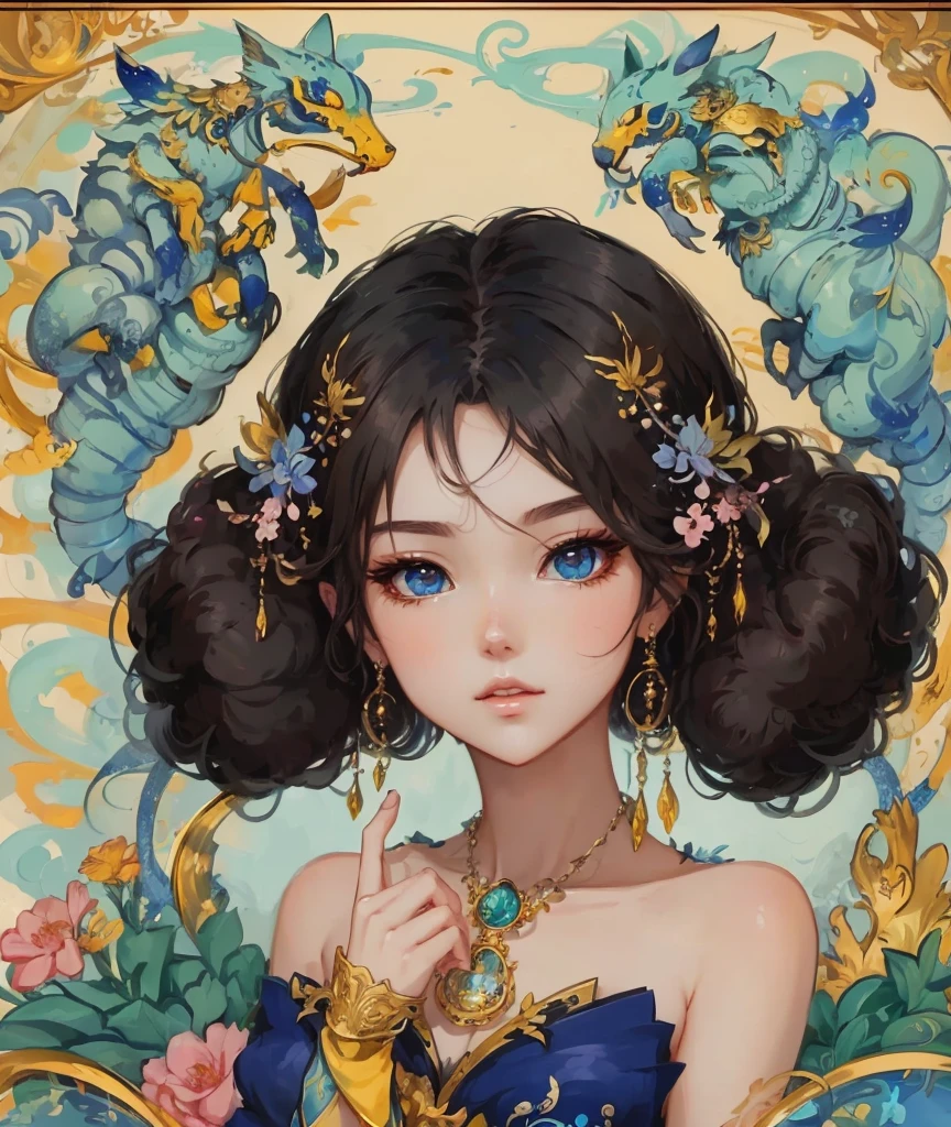 Masterpiece, extreme magnificent scenery, extreme picture quality, extreme detail CG, high resolution, high detail face, high detail eyes, perfect anatomy, ultra detailed skin, 8k wallpaper, perspective, 4 fingers, 1 thumb, (color, chroma, Saturation: 1.3), a painting of a woman in a blue dress and golden jewelry, art trend, fantasy art style, stunning art style, digital anime illustration, beautiful character drawing, guweiz style artwork, 8k High quality detailed art, lovely detailed digital art, beautiful artwork illustrations