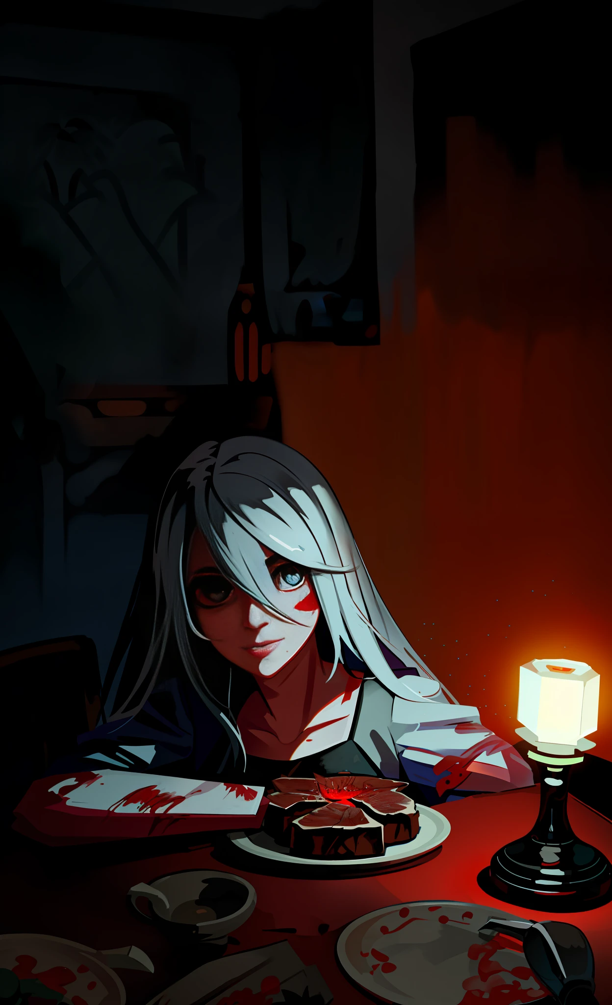 (Blood steak on the table: 1.7) (Dim candle: 1.7) (There is a girl sitting at the table with a plate of steak: 1.4) Age (16: 1.2) Skin color (white: 1.2) Body shape (thin: 1.2) hairstyle (messy long hair: 1.5) face shape (round: 1.5) (white dress: 1.7) hue (blue red: 1.2) face (high detail: 1.5) expression (panic: 1.2) camera angle (front: 1.5) ) Style (Allure: 1.8) Bokeh, HDR, Ultra HD, Super Fine Official Art, 4K 8K Wallpaper, 8K, (Best Quality: 1.5), Soft Focus, Masterpiece, Hair Height Detail, 160mm, Medium Bust, BREAK , vivid color, ultra-high detail, ultra-realistic, cinematic lighting, focus, 8k