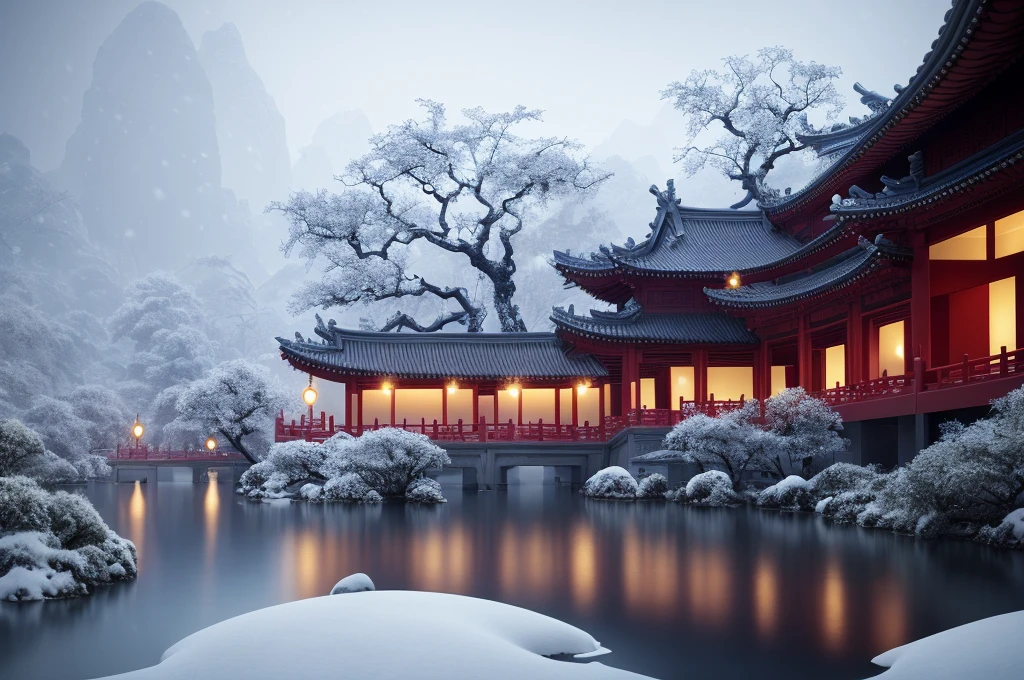 Masterpiece, best quality, high quality, extremely detailed CG unity 8k wallpaper, classical Chinese garden, landscape, amsterdam, winter, ((snowing)), outdoor, sky, daytime, landscape, water, tree, blue sky, waterfall , nature, lake, river, cloudy sky, award winning photography, bokeh, depth of field, HDR, bloom, chromatic aberration, photorealism, very detailed, trending on artstation, trending on CGsociety, intricate, high detail, dramatic, midjourney art