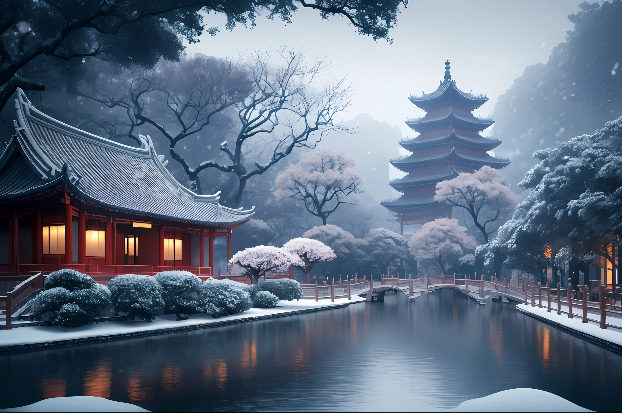 Masterpiece, best quality, high quality, extremely detailed CG unity 8k wallpaper, classical Chinese garden, landscape, amsterdam, winter, ((snowing)), outdoor, sky, daytime, landscape, water, tree, blue sky, waterfall , nature, lake, river, cloudy sky, award winning photography, bokeh, depth of field, HDR, bloom, chromatic aberration, photorealism, very detailed, trending on artstation, trending on CGsociety, intricate, high detail, dramatic, midjourney art