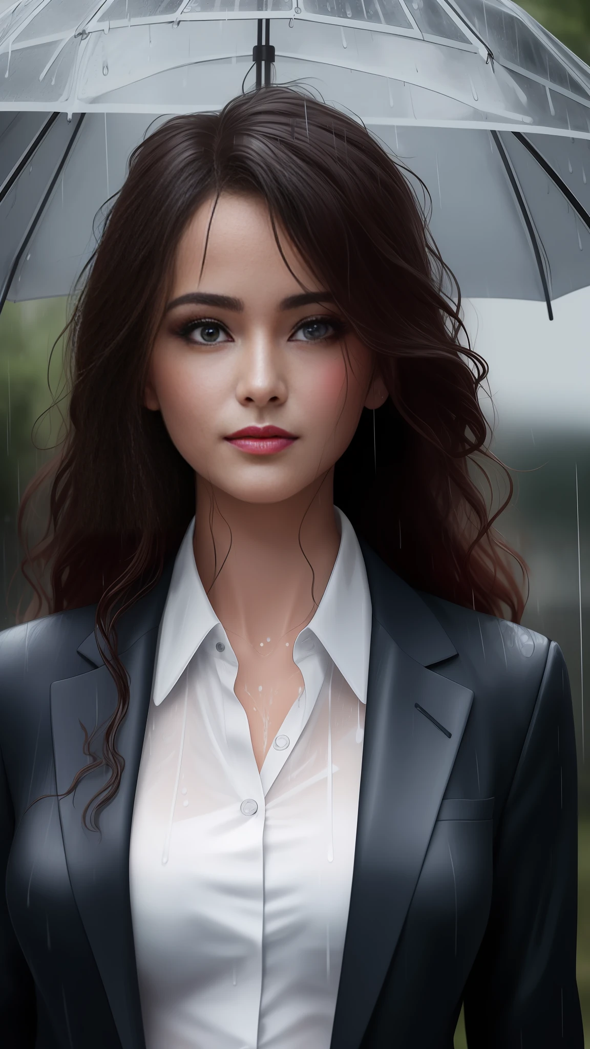beautiful girl soaked wearing a suit button shirt caught in the rain wet hair, (masterpiece:1.2) (illustration:1.1) (best quality:1.2) (detailed) (intricate) (8k) (HDR) (wallpaper) (cinematic lighting) (sharp focus)