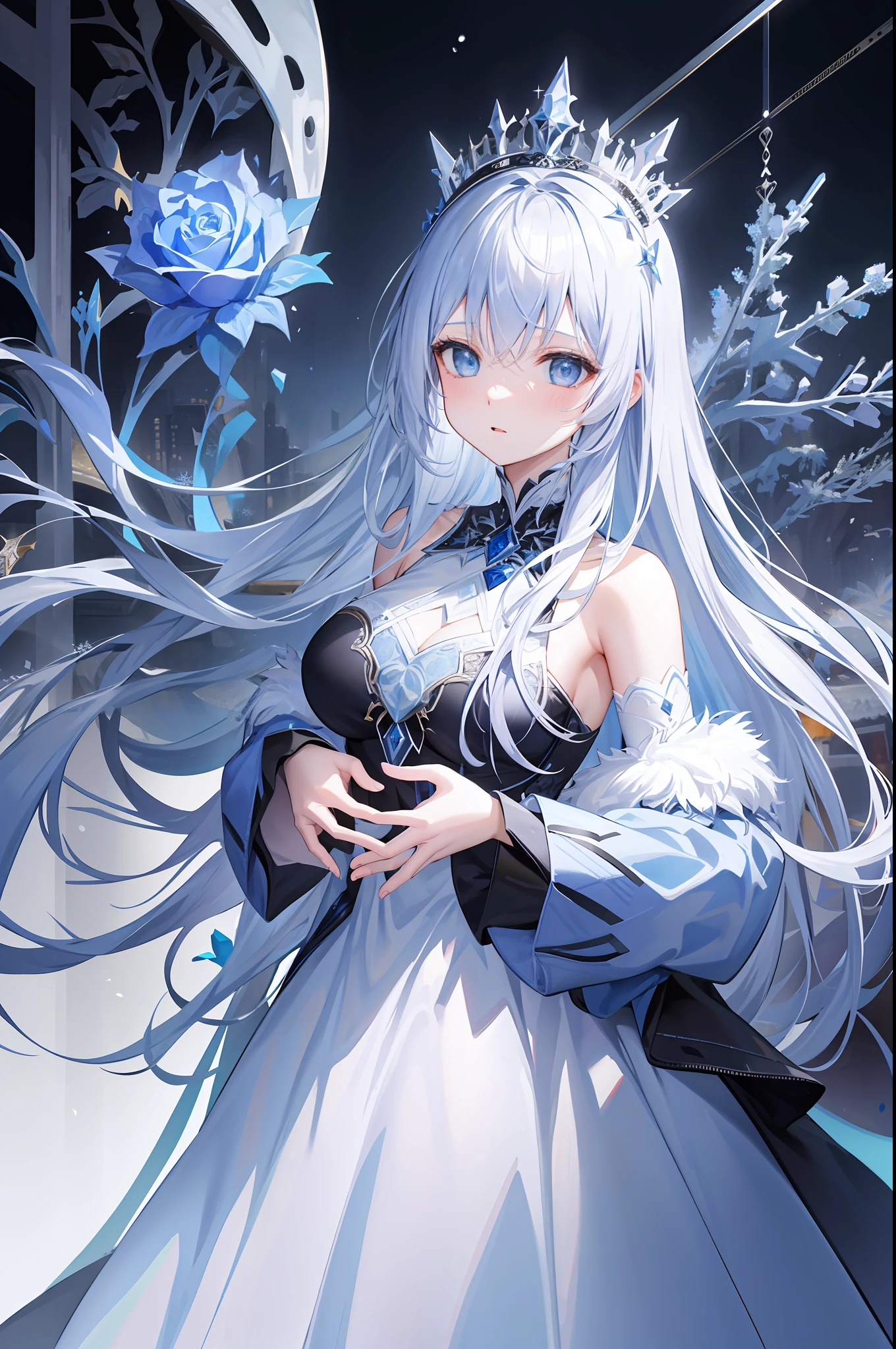 &quot;A masterpiece of illustration, ultra-high quality, exquisite details, snowflakes flying. The girl wears a blue crown and has long silver hair. Blue eyes, blue-black dress and blue rose hair accessories, and a blue rose-patterned dress add visual layers. White and plump The breasts are presented naturally, and the frozen and frozen feeling of the Ice and Snow City creates a perfect atmosphere of a fantasy world. The cinematic lens and strong light and shadow render an intoxicating beauty.&quot;