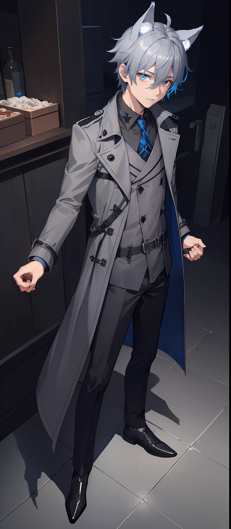 1boy, glowing blue eyes, gray sharp hair, masterpiece, HD, vibrant, horror, full body view, gray slim trench coat, wolf ears, goggles on head