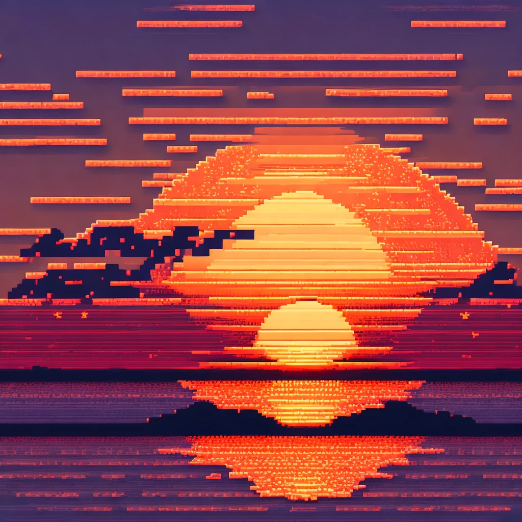 pixel art, joystick, sunset background
