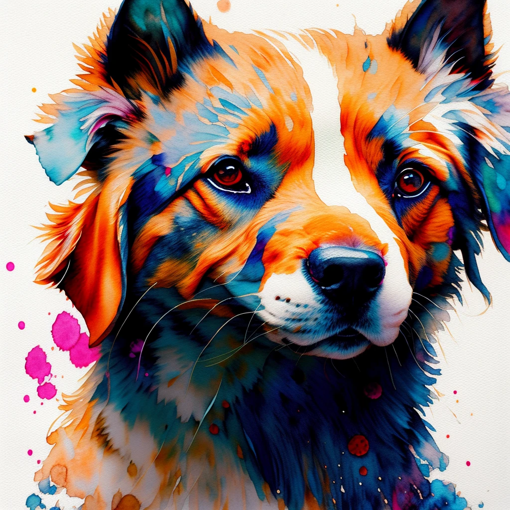 wtrcolor style, digital art of (dog character), official art, front, smile, masterpiece, beautiful, ((watercolor)), face paint, paint splatter, intricate details. Very detailed, detailed eyes, [dripping:0.5], trending on Artstation, Rachel Walker