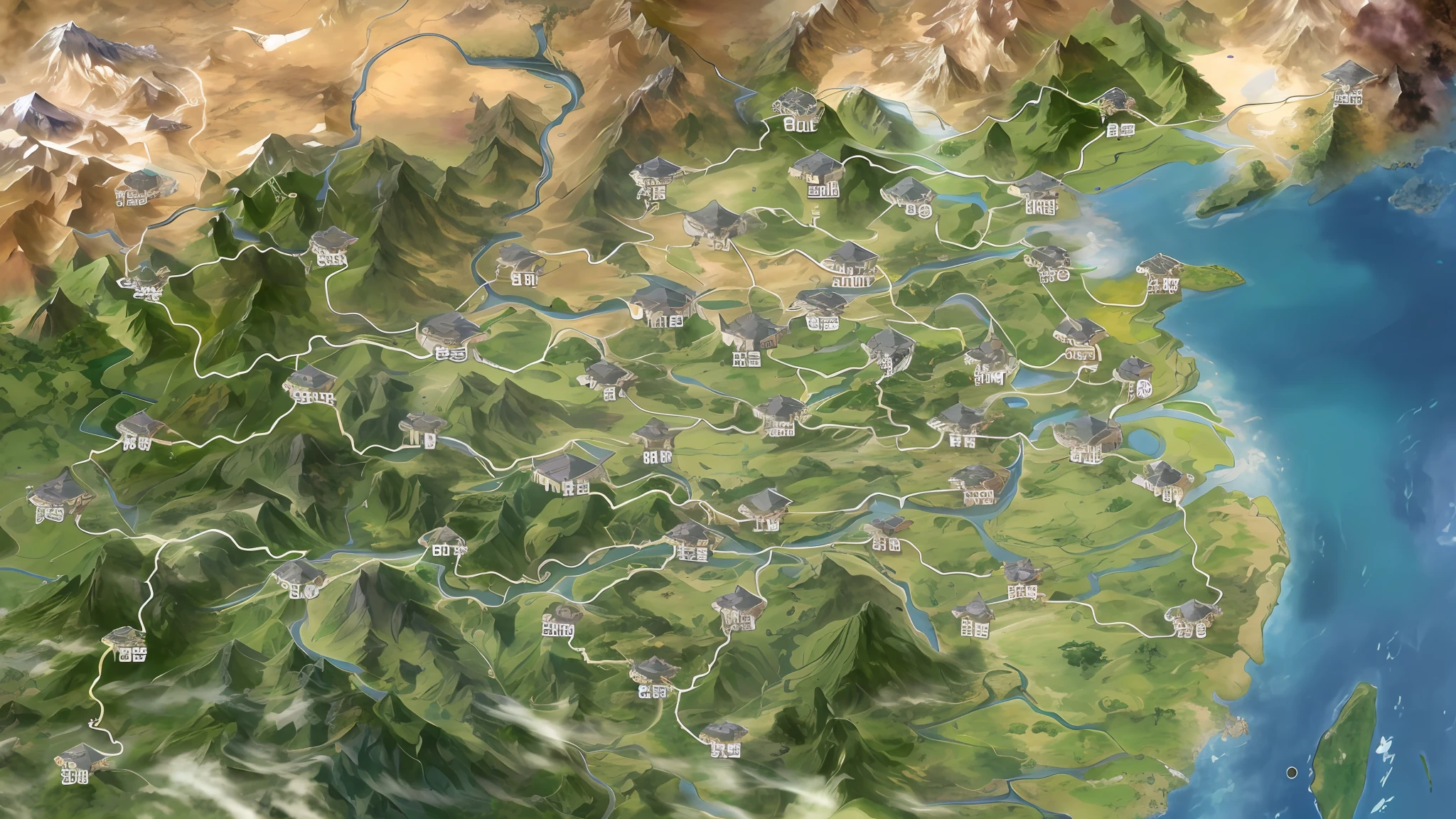 arafed map of a green area with a river and a mountain, extremely detailed d&d map, highly detailed map, game map, detailed fantasy map, steam workshop maps, ancient fantasy regional map, an isometric fantasy map, d&d style fantasy map design, fantasy map, fantasy cartography, game map matte painting, fantasy maps