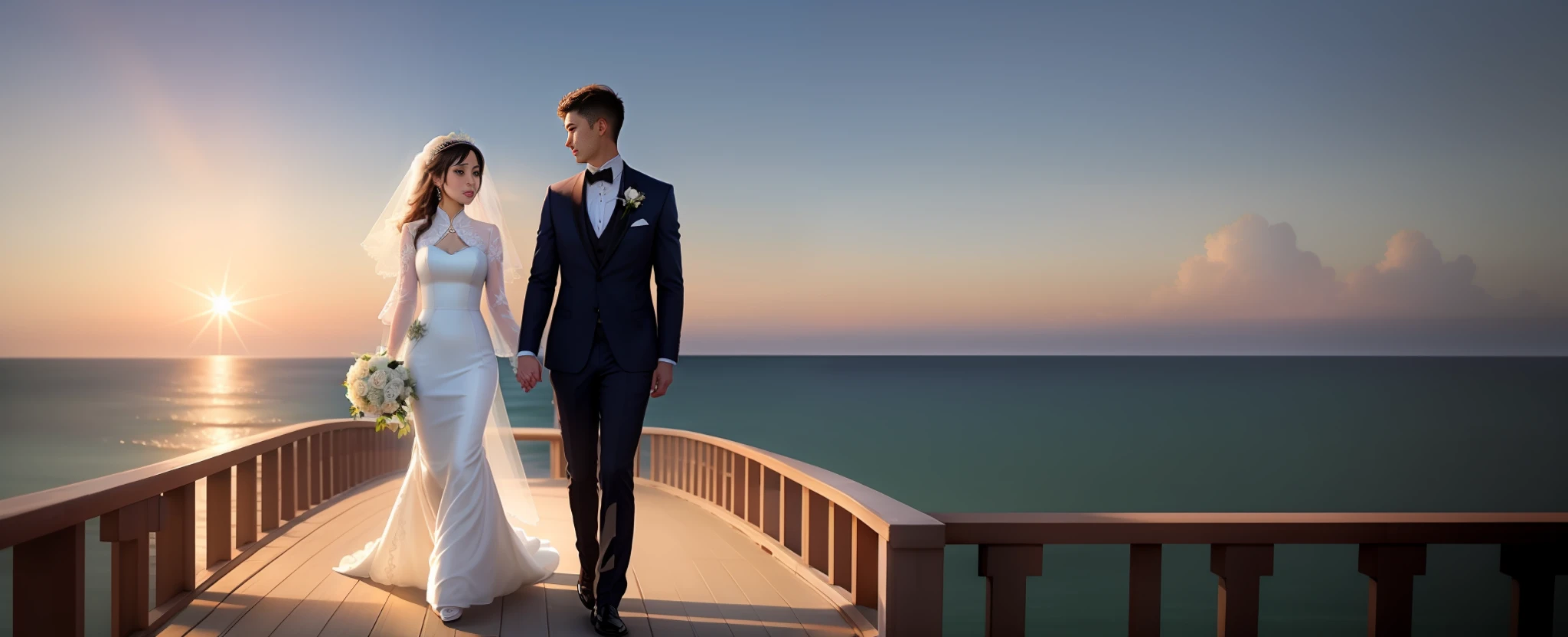 Bride and groom walking on the seaside walkway, digital rendering by Aya Goda, cg social trends, romanticism, cute couple, ao dai, rendering, photorealistic image, wedding photo, very realistic, very very realistic, couple pose, Dress, white sleeves, cg art, happy couple, rendering, bride and groom, beautiful and elegant, slightly blurred background, colorful clouds, sunlight.