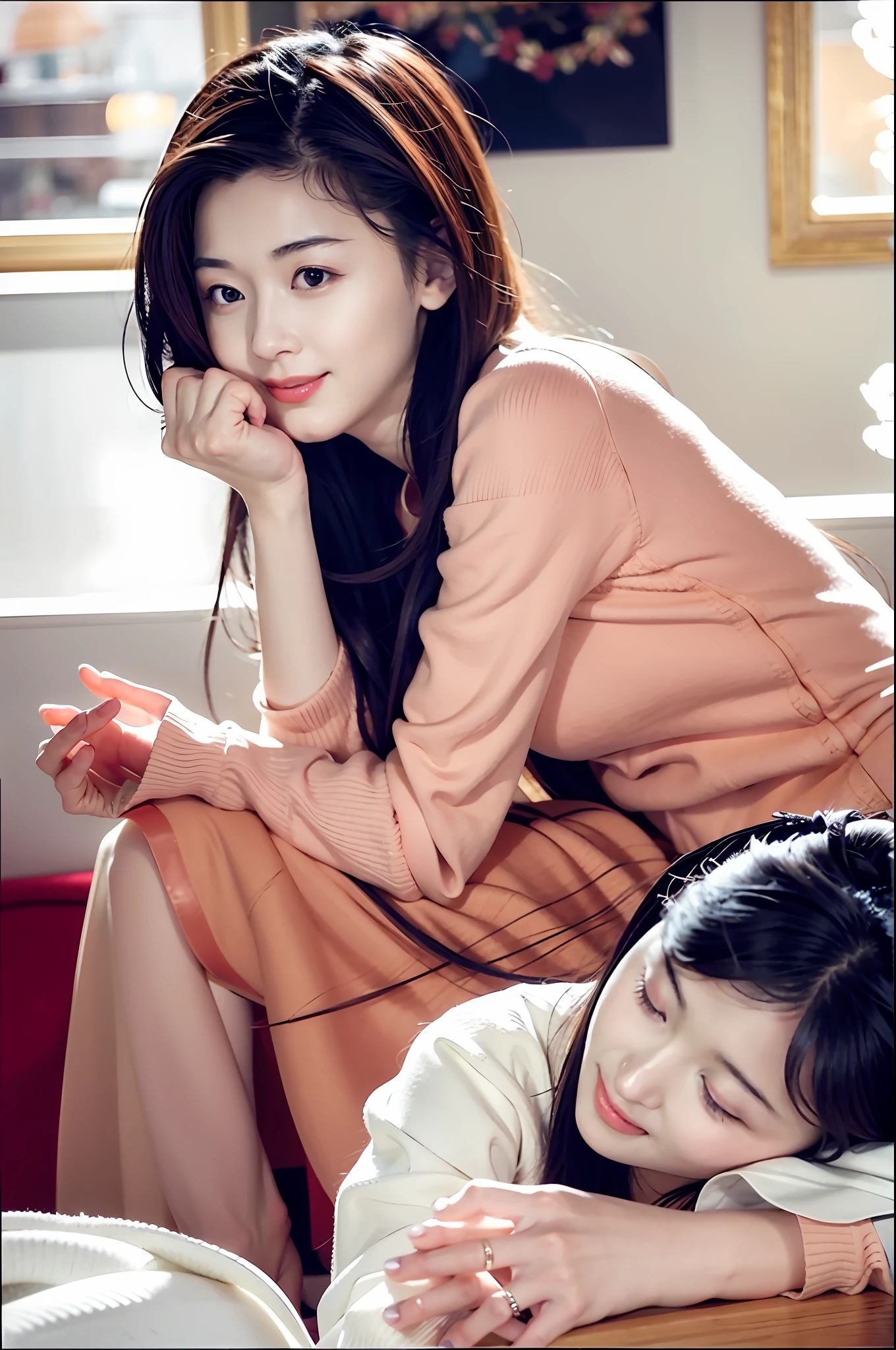 Sitting and chatting, facing the camera sideways, warm picture, feeling of love, cafe, sexy, fashionable dress, fashionable hairstyle, quiet environment, comfortable light, smiling at each other, casual dress, extreme details, gentle and elegant , beautiful, realistic. happy, happy, warm, first love