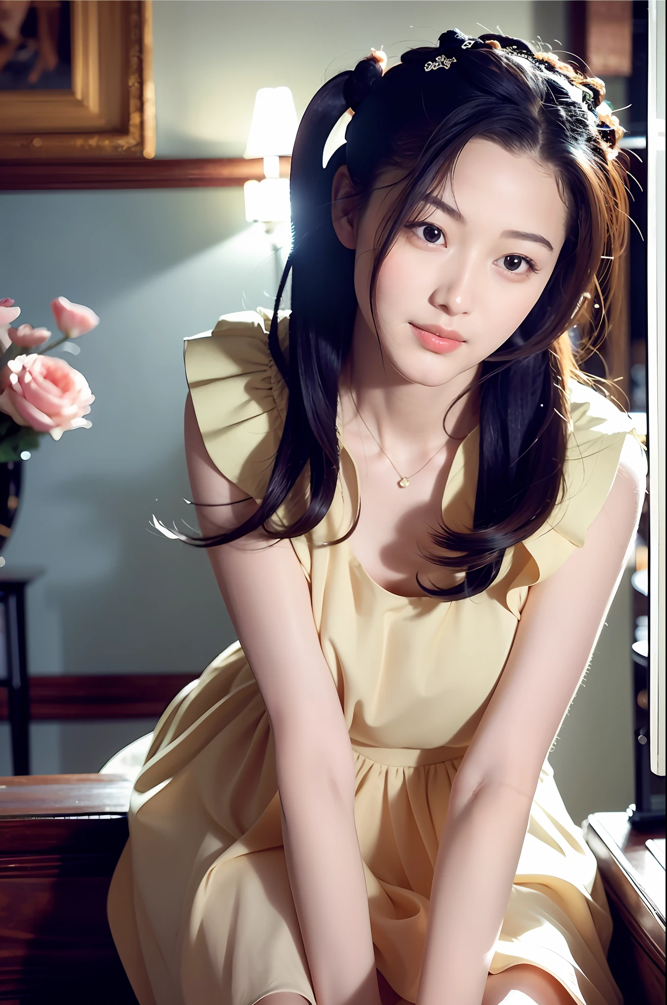Sitting and chatting, facing the camera sideways, warm picture, feeling of love, cafe, sexy, fashionable dress, fashionable hairstyle, quiet environment, comfortable light, smiling at each other, casual dress, extreme details, gentle and elegant , beautiful, realistic. happy, happy, warm, first love