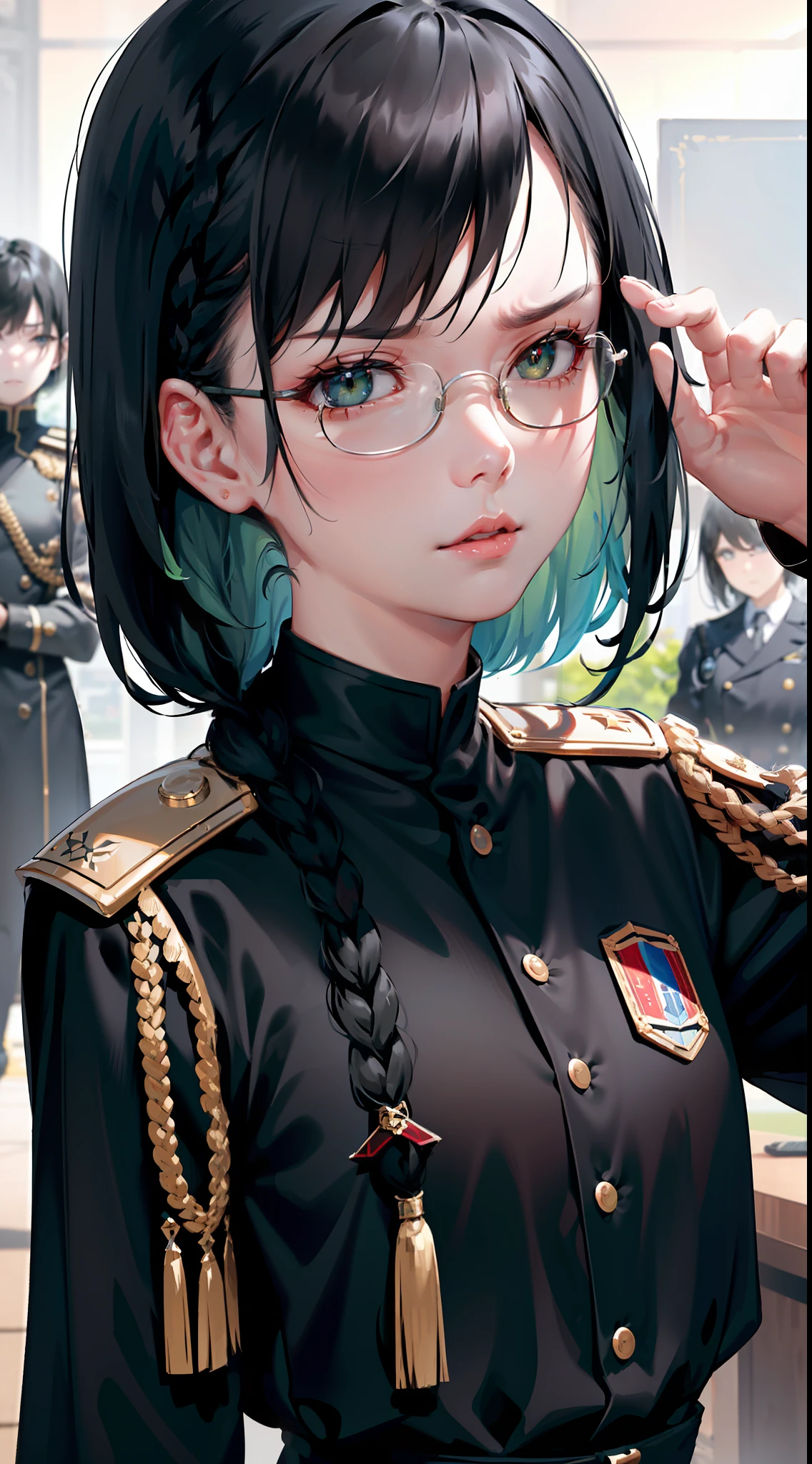 Beautifully detailed delicate face, beautiful detailed delicate eyes, perfect facial proportions, high-detailed skin, fine skin, best ratio four fingers to one thumb, masterpiece, detail High-detailed, realistic, matching hair and facial features, clear finger details, clear object details, clear environment details, super-high resolution faces, adult, modestly dressed woman, completely dressed. ,( small, black hair, straight black braids on both sides, the most detailed braids on both sides, straight bob bangs, red glasses, dark green eyes), the army, is a professor, ( Academic uniform, scientist uniform, red shirt, white shirt), future world, science fiction, fighter plane, battle command room, government agency, deep intelligent personality, strict in discipline, serious expression, war, fighter plane