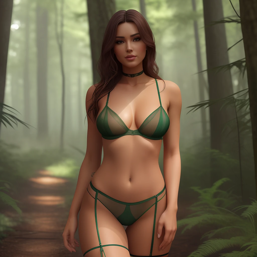 Create beautiful woman posing in transparent lingerie in forest ultra realistic, 8k