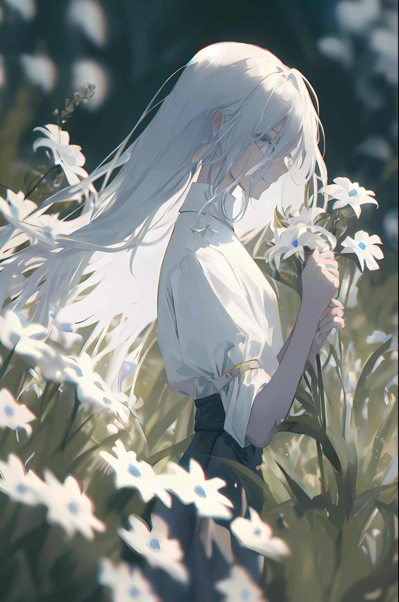 full pixel,masterpiece, best quality, highres, White unusual eyes, Long low ponytail,Long gold ribbon ties, 1boy, venat, grey robe, mask, smile, looking at viewer, standing, wind blowing, petals, holding flower, glowing