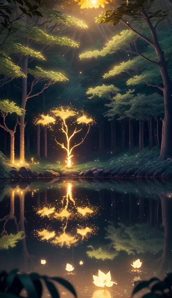 Masterpiece, best quality, (very detailed CG unity 8k wallpaper), (best quality), (best illustration), (best shadows), glow sprite, with a glowing deer, in the swimming pool Drinking water, natural elements in the forest theme. Mysterious forest, beautiful forest, nature, surrounded by flowers, delicate leaves and branches surrounded by fireflies (natural elements), (jungle theme), (leaves), (twigs), (fireflies), (particle effects) etc. 3D , Octane rendering, ray tracing, super detailed