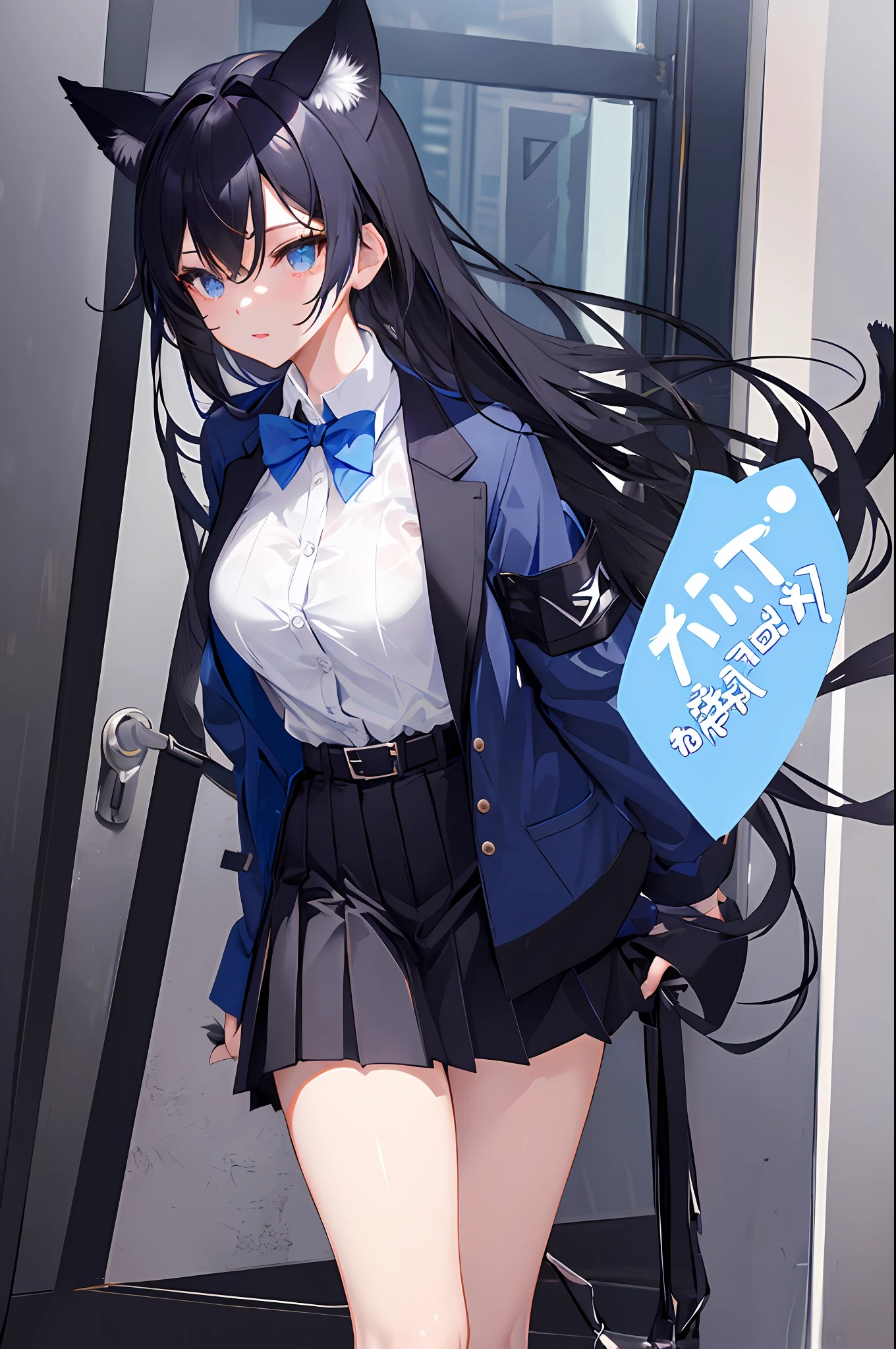 Cat ears women blue bow tie white shirt black pleated skirt decorative belt black suit windbreaker open black hair