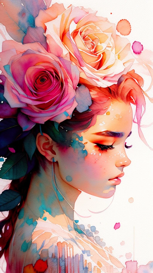 wtrcolor style, (rose) digital art, official art, blown by the wind, masterpiece, beautiful, ((watercolor)), paint splatter, intricate detail. Great detail, [dripping:0.7], Trending on Artstation, Rachel Walker