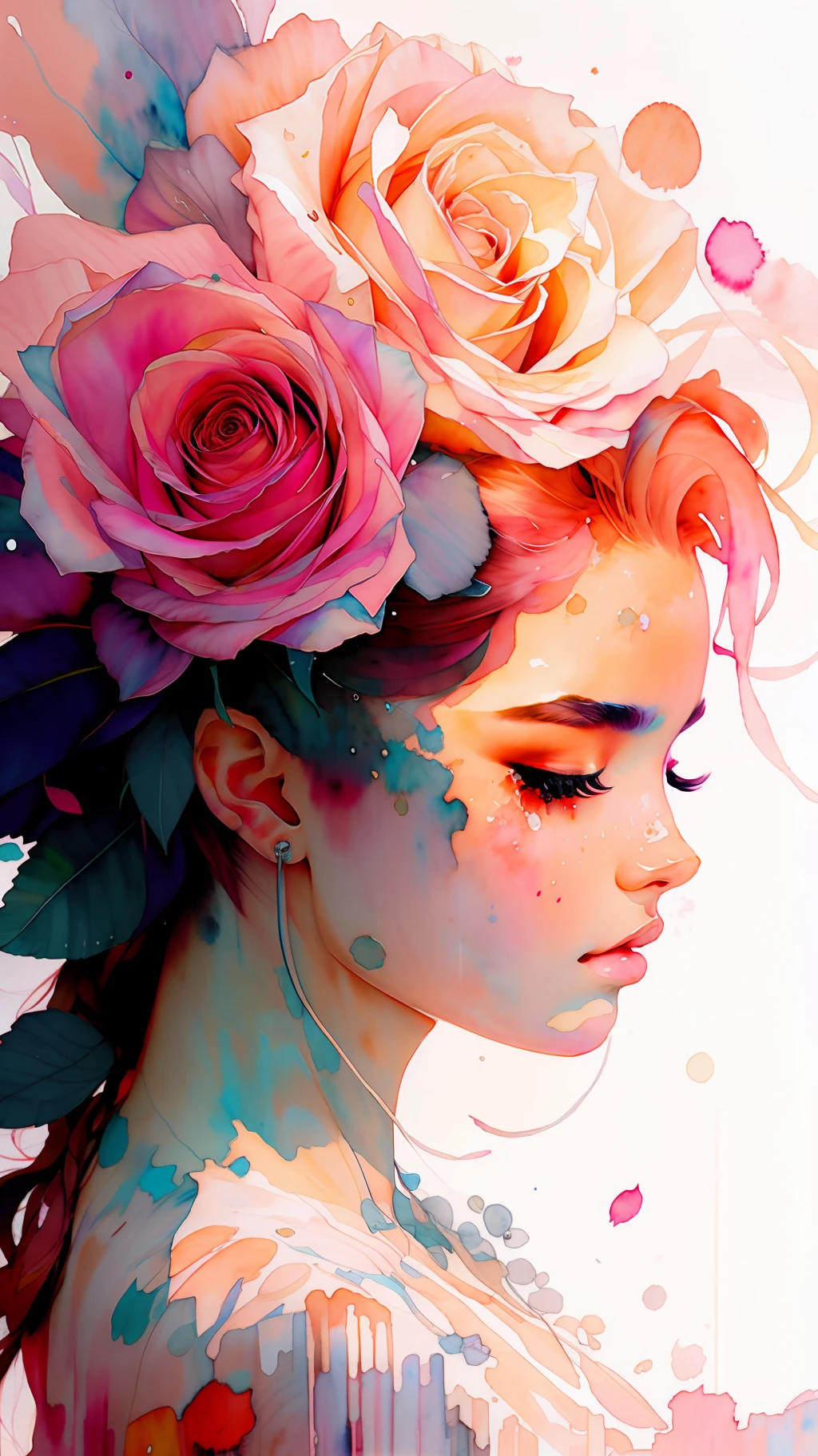 wtrcolor style, (rose) digital art, official art, blown by the wind, masterpiece, beautiful, ((watercolor)), paint splatter, intricate detail. Great detail, [dripping:0.7], Trending on Artstation, Rachel Walker