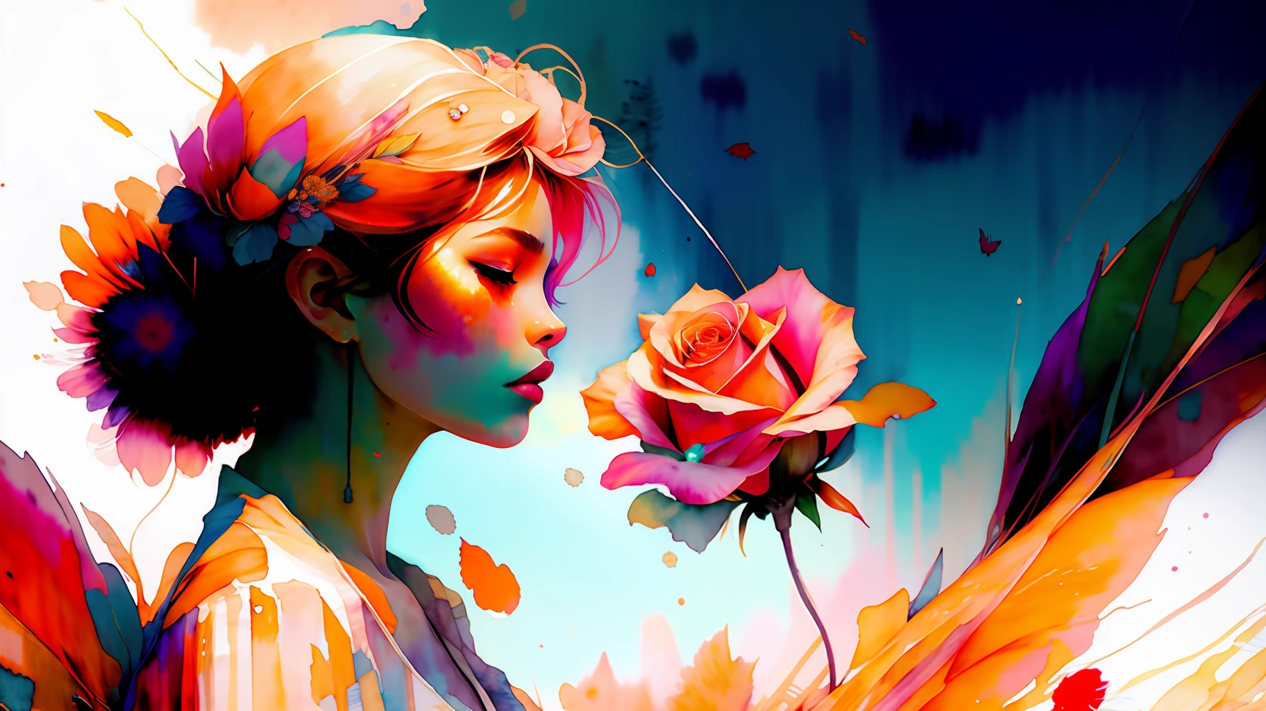 wtrcolor style, (rose) digital art, official art, blown by the wind, masterpiece, beautiful, ((watercolor)), paint splatter, intricate detail. Great detail, [dripping:0.7], Trending on Artstation, Rachel Walker