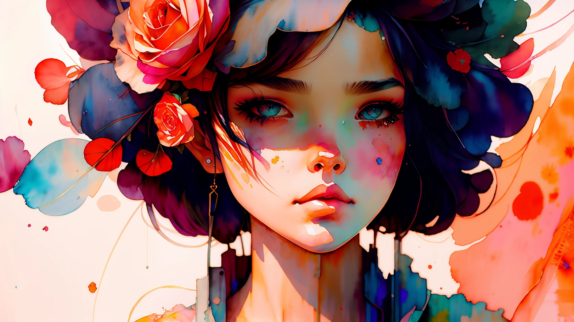 wtrcolor style, (rose) digital art, official art, blown by the wind, masterpiece, beautiful, ((watercolor)), paint splatter, intricate detail. Great detail, [dripping:0.7], Trending on Artstation, Rachel Walker