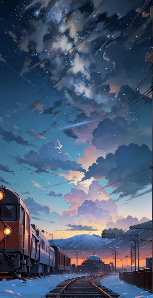 There is a plane flying in the sky, Makoto Shinkai&#39;s concept art, tumblr, magic realism, beautiful anime scenes, cosmic sky. by makoto shinkai, ( ( makoto shinkai ) ), anime background art, anime backgrounds, Makoto Shinkai&#39;s style, anime movie backgrounds, galaxy express, no humans.